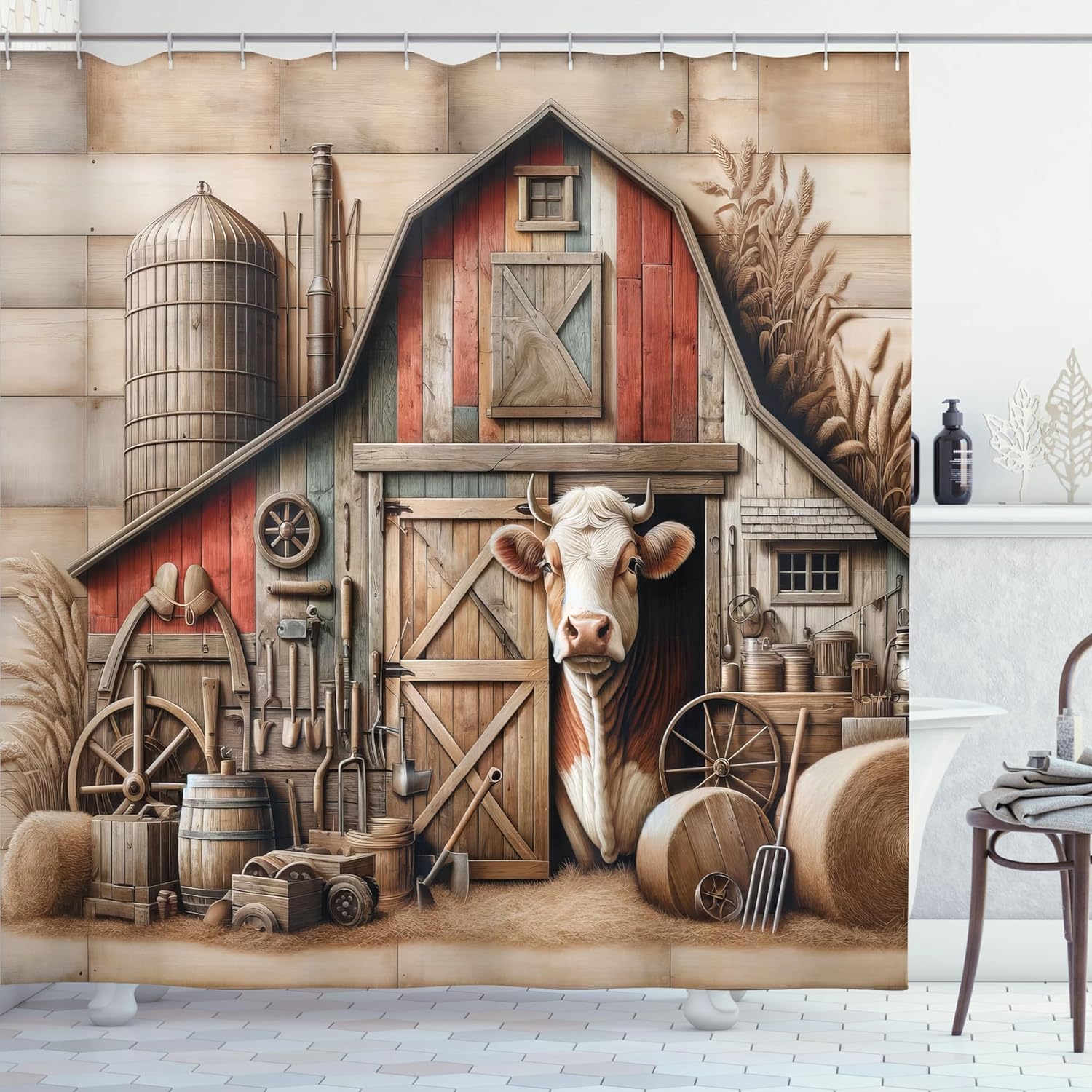 Ambesonne Rustic Shower Curtain, Cow and American Style Farmland Barn with Weathered Effect Vintage Rural Life, Cloth Fabric Bathroom Decor Set with Hooks, 69" W x 70" L, Tan Dark Salmon