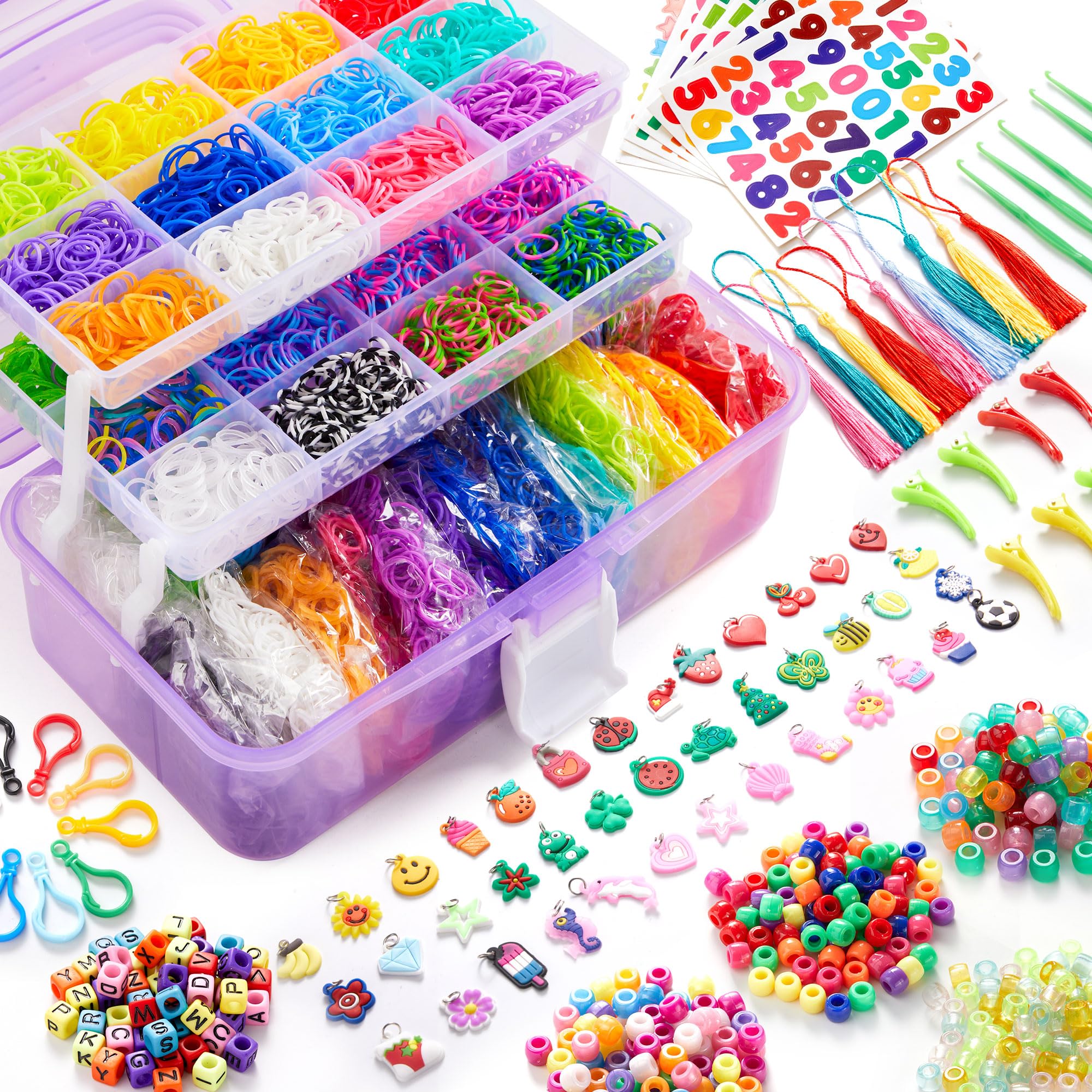 INSCRAFT 17490+ elastici in gomma, kit di ricarica per braccialetti in 28 colori, con contenitore a 3 strati, 600 clip a S, 352 perline, 40 ciondoli a forma di cartone animato, regalo di Natale per