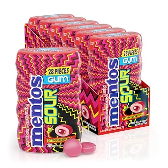 Mentos SOUR Sugar-Free Chewing Gum with Xylitol, Sour Strawberry Flavored, 28 Piece Bottle Pack of 6