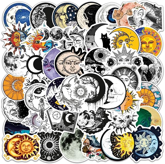 Moon Stickers The Sun and Moon Planet Stickers | 50Pcs | Astronomy Celestial Aesthetic Stickers for Boys Girls Water Bottle Laptop Computer Car (Black)