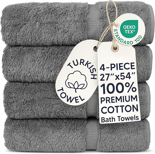 Chakir Turkish Linens 4-Piece Cotton Bath Towels 27x54, Soft Absorbent Turkish Towels, Gray Set of 4