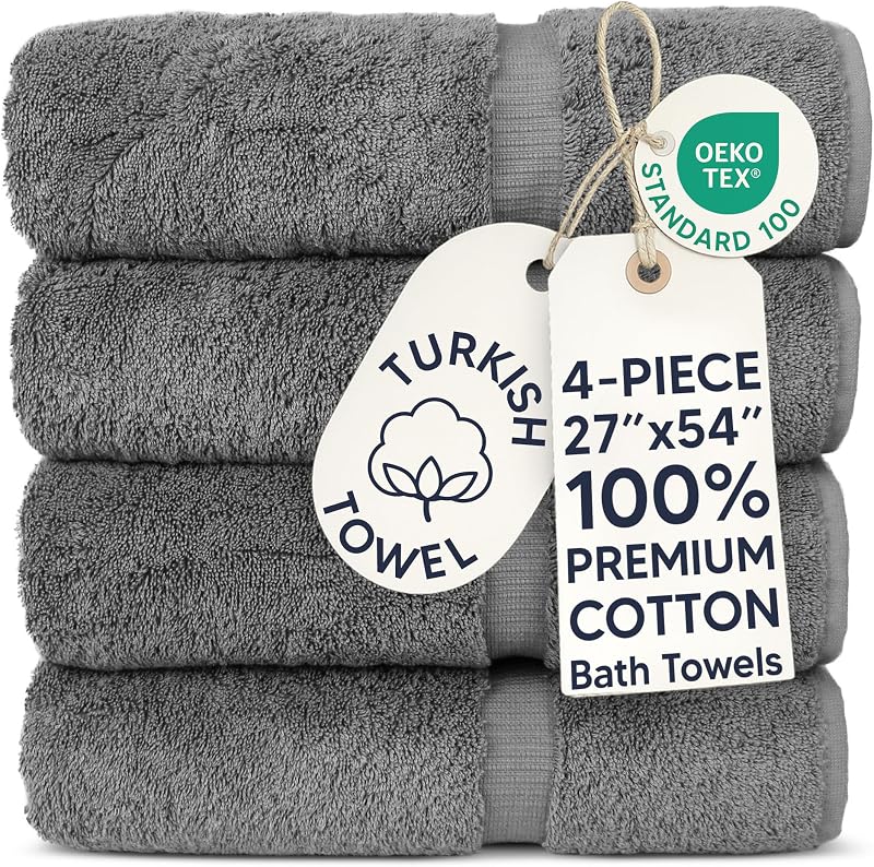 Toallas de baño turcas de primera calidad 100% algodón | 27"x 54" (toallas de baño de 4 piezas - Gris) | Toallas de baño turcas de primera calidad de algodón, juego de 4 a 27x54, con certificación Oeko-Tex, suave felpa y absorbente