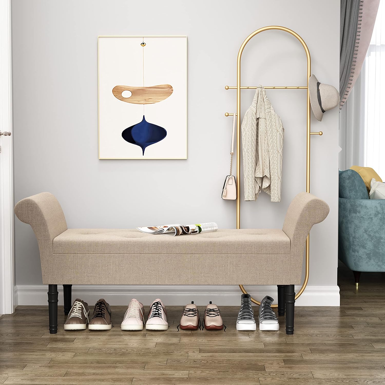 Changjie Furniture Modern Storage Bench Tufted Bed Bench Entryway Bench with Storage for Living Room Bedroom (Tan)