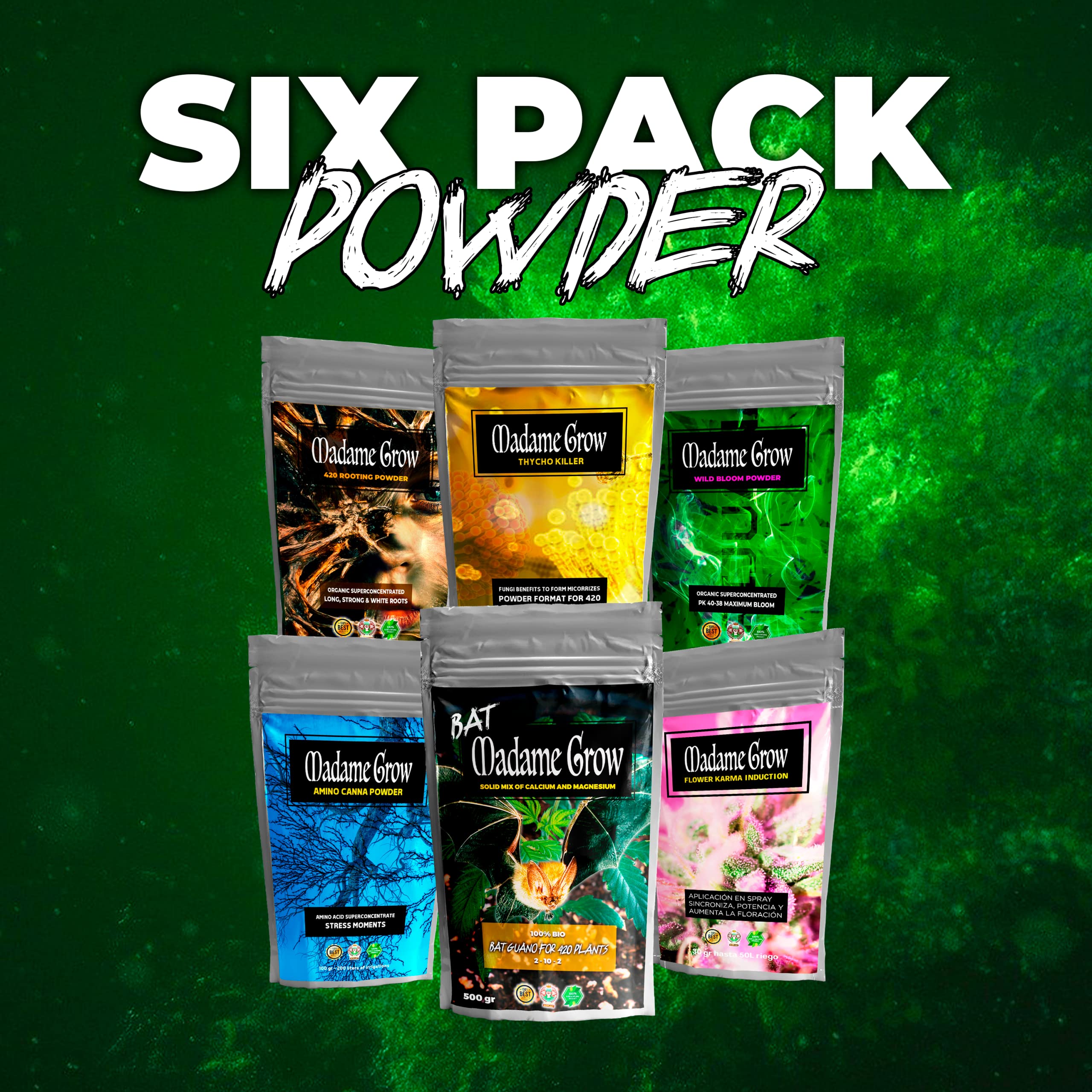 SIX PACK POWDER - Fertilizzanti Bio in polvere - idrosolubili in acqua - Piante Terapéutiche - Guano, crescita, Florazione, Energia e Micorza (500+3x100+50+30 g)