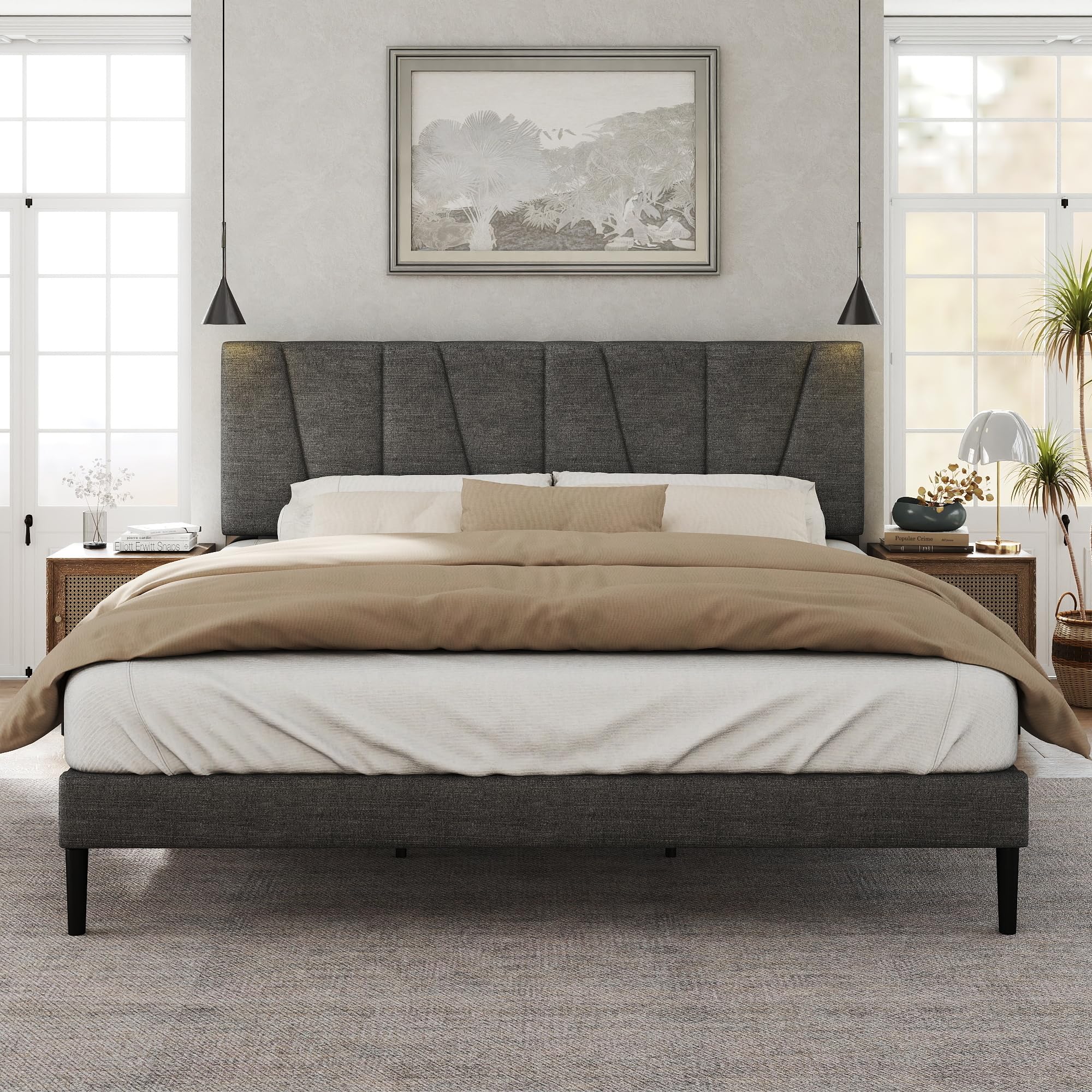 queen size bed frame with fabric upholstered headboard, platform bed with wooden slats support, fully mattress foundation, box spring optional, easy assembly(similar bed frame green color)