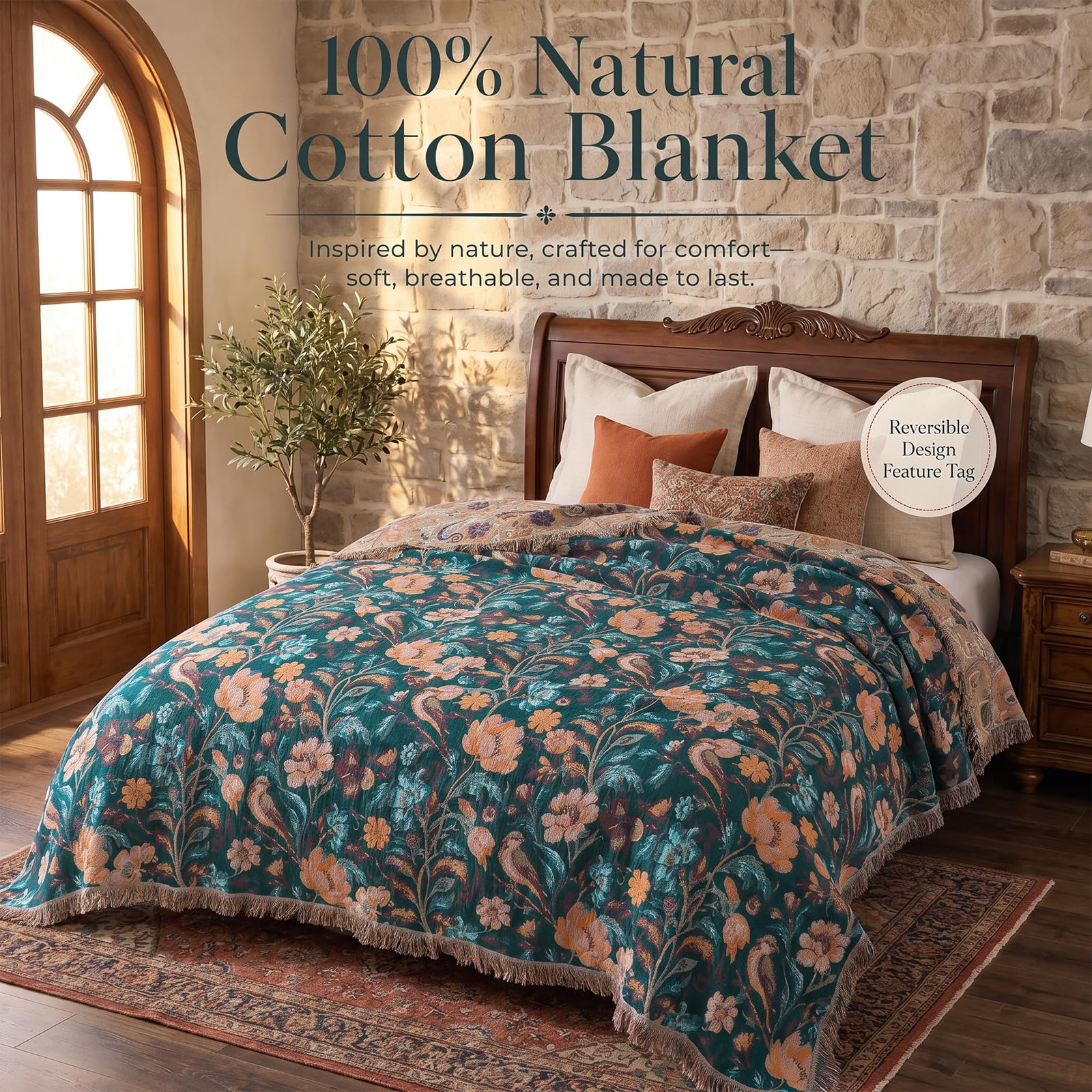Manta de muselina de 200 x 230 cm, 100% algodón, jacquard bohemio, con flecos, diseño floral, manta de muselina para adultos como manta de sofá y colcha para sofá y cama