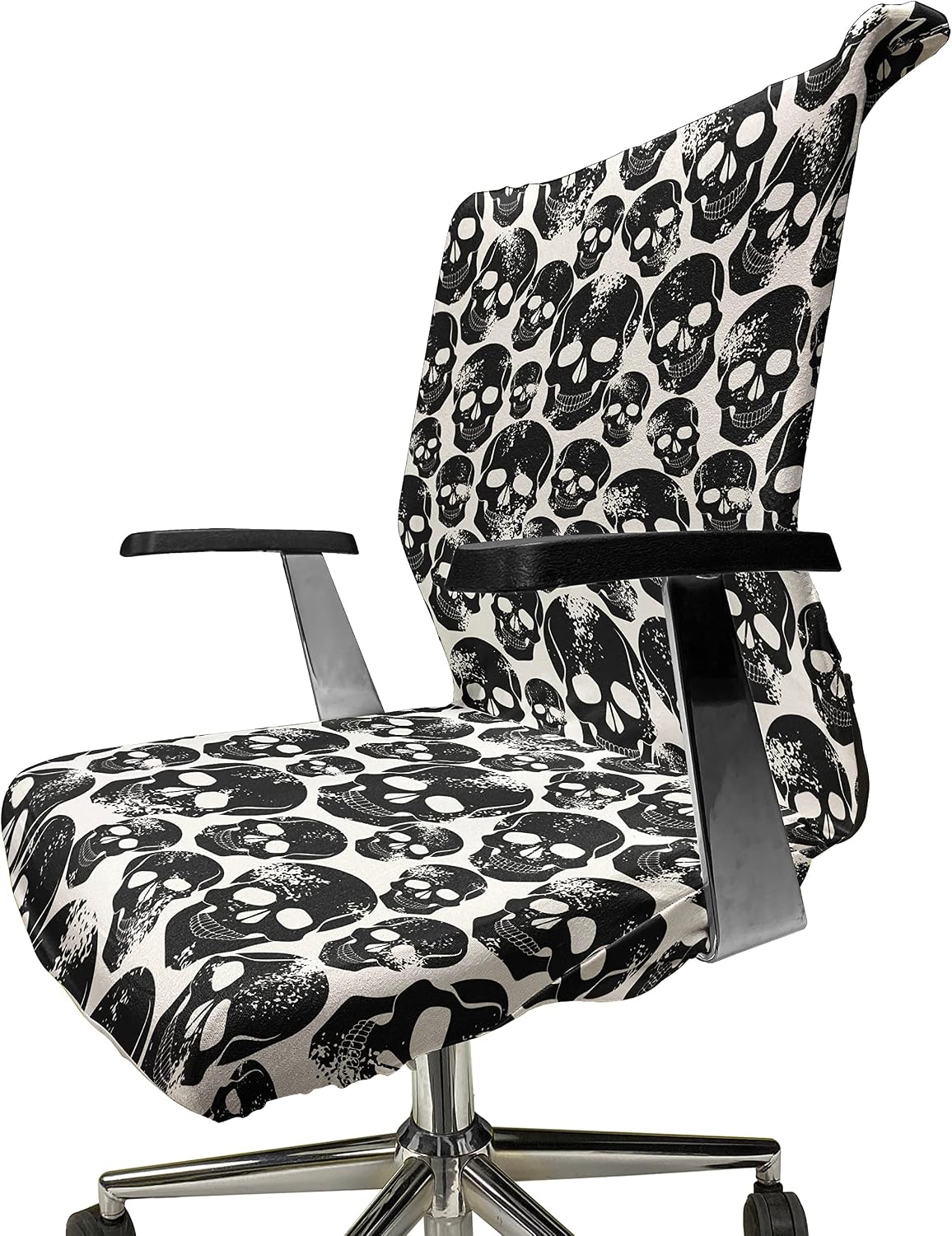 Ambesonne Gothic Office Chair Cover, Grunge Black Human Skulls on White Backdrop Evil Men Fear Horror Death Skeleton, Stretchable Decorative Universal Size High Back Printed Slipcover, White and Black