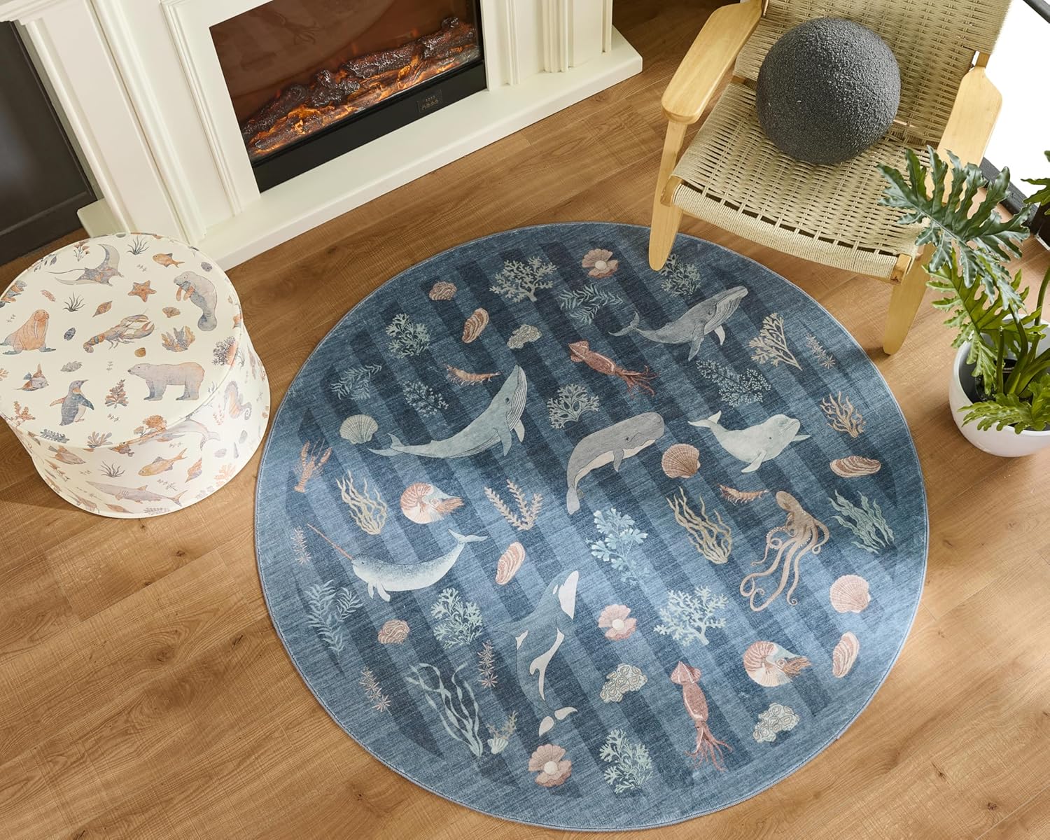 Whales Themed Soft Washable Faux Wool Stain Resistant Rug Rubber Non-Slip Backing for Playroom Bathroom Living Room Bedroom Bedside Beachy Cute Coastal Nautical Nursery Rug (Marine, 5' Round)