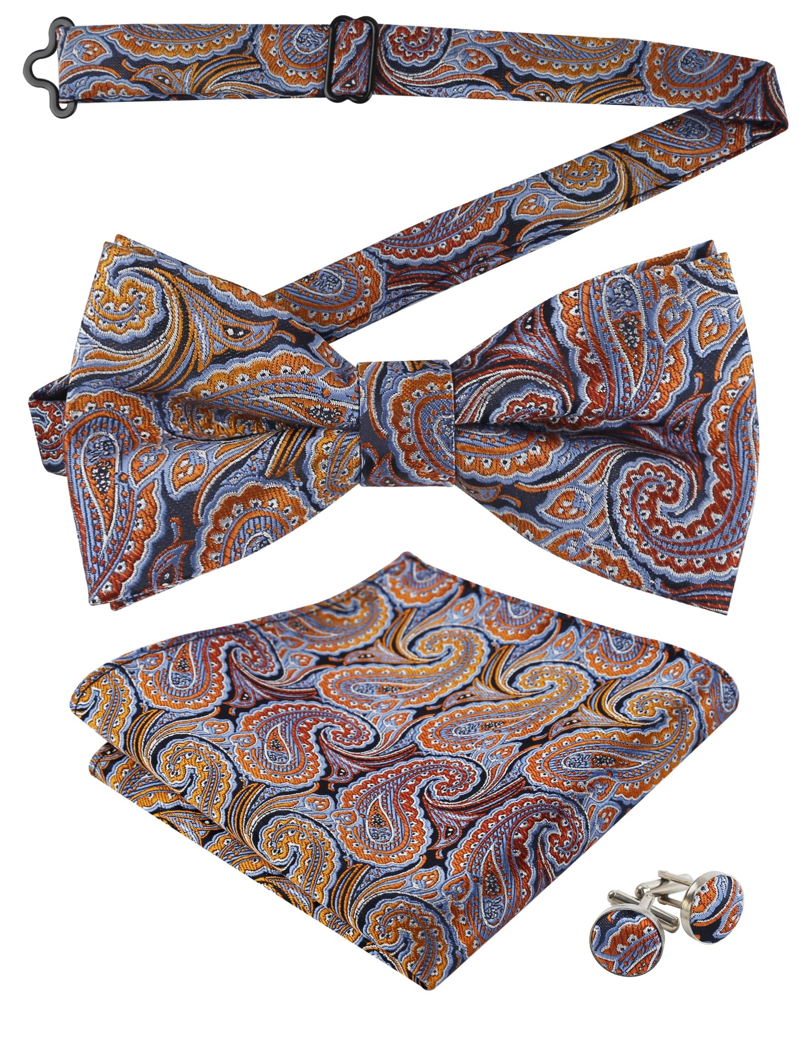 Alizeal Mens Paisley Bow Tie, Pocket Square, Cufflinks Set