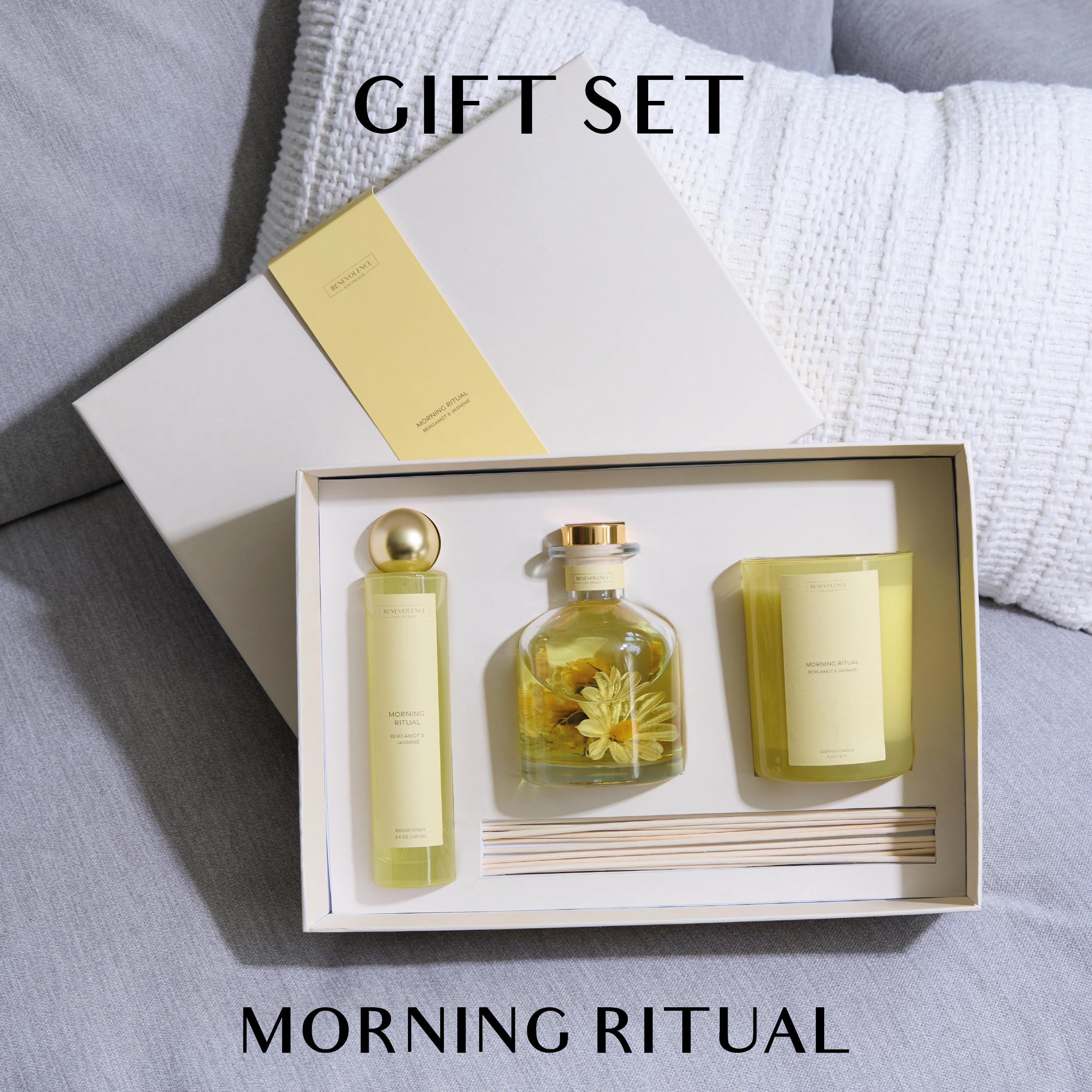 Benevolence LA Morning Ritual Gift Box | Candle, Room Spray & Reed Diffuser | Bergamot & Jasmine | Invigorating Home Fragrance | Ready for Gifting Set