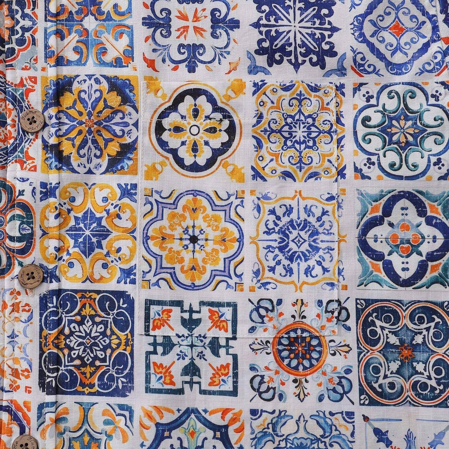 Sicilian Shirt Summer Hawaiian Shirt for Men Mediterranean Passion Button-Down Short Sleeve 100% Cotton Vintage Shirt