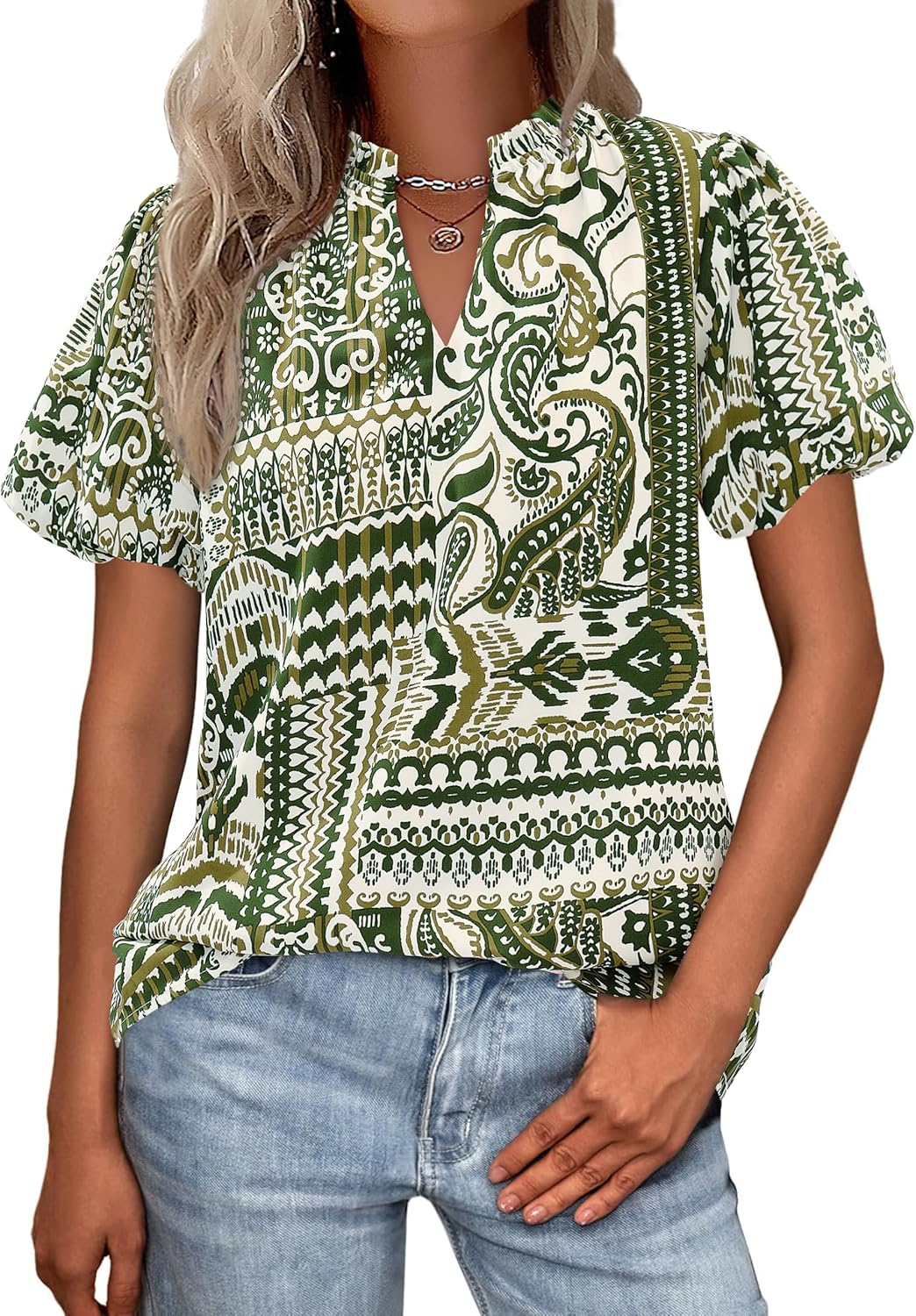 MASCOMODA Boho Short Sleeve Floral Work Blouses for Women Dressy Casual V Neck Puff Sleeve Loose Chiffon Flowy Tops Shirts