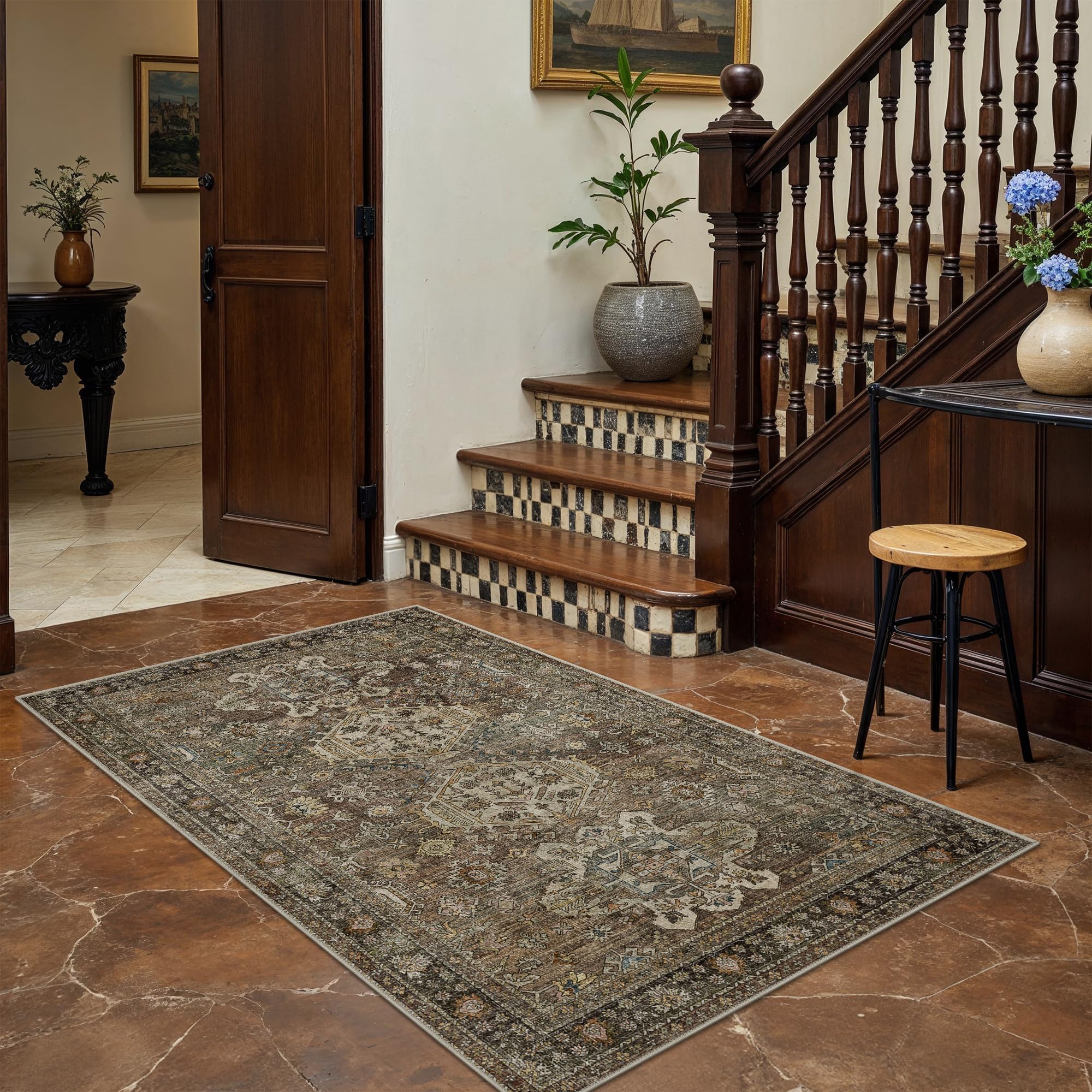 Bavni 3x4 Washable Area Rug Vintage Brown
