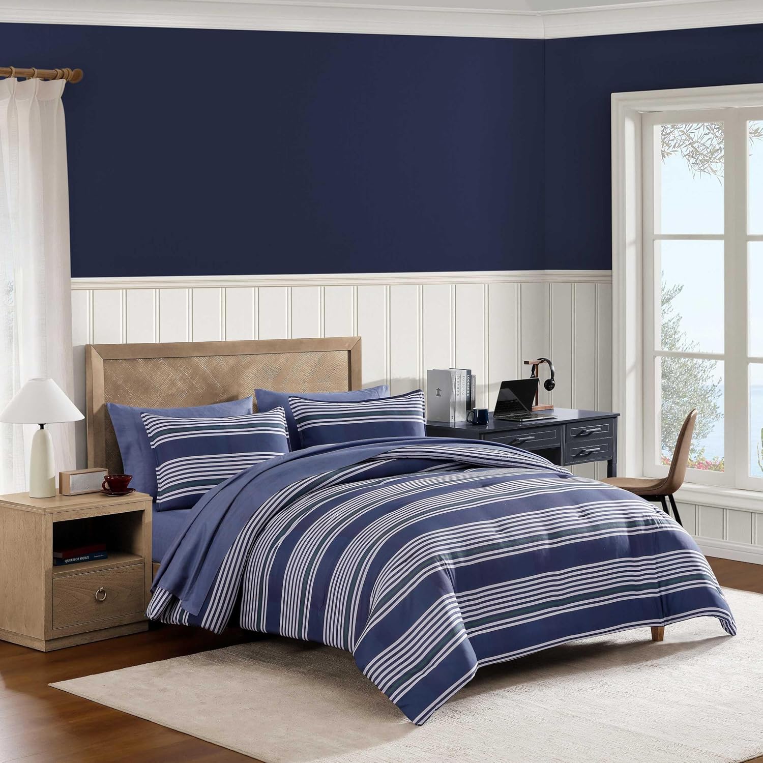 Tommy Hilfiger - Twin XL Comforter Set, Soft & Reversible 2-Piece Bedding with Pillowcase, Medium-Weight Striped Bed Set, Lido Stripe/Christopher Blue
