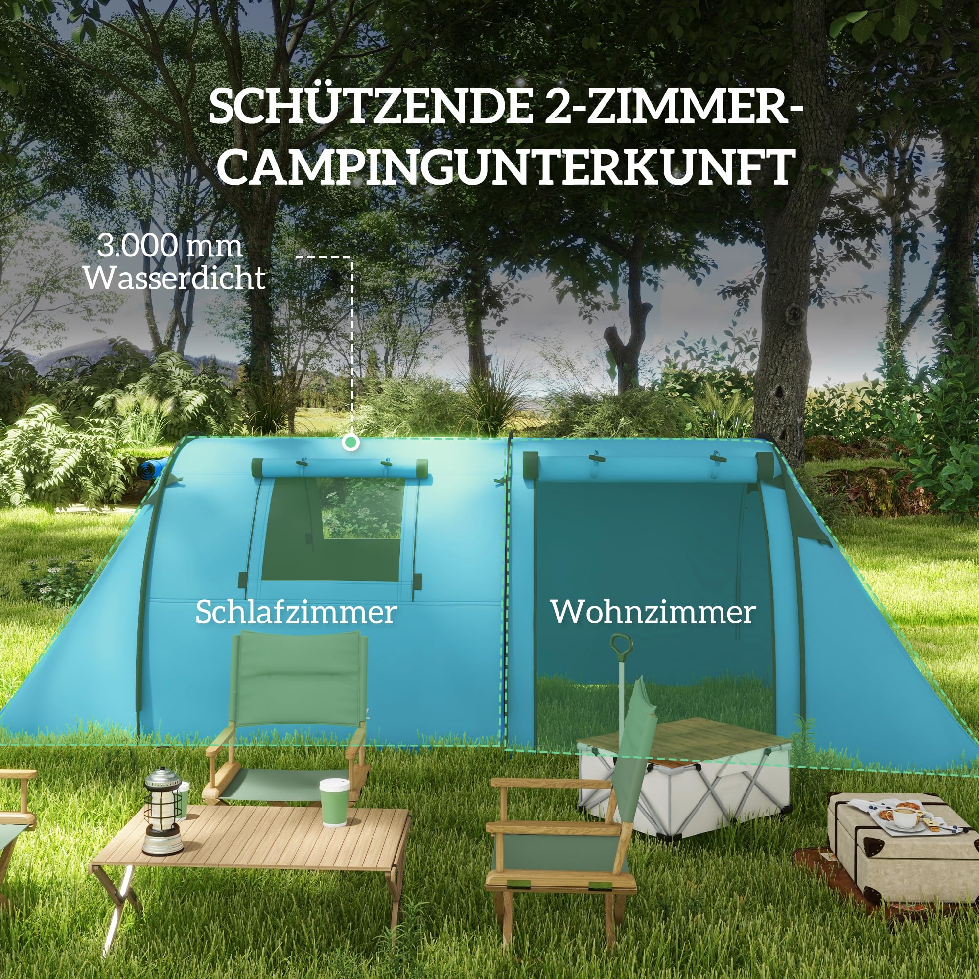 Outsunny Campingzelt für 3-4 Personen stabil wasserdicht Familienzelt mit Schlafzimmer Wohnzimmer, Kuppelzelt mit 3000mm Wassersäule Tunnelzelt Zelt für Camping Reise