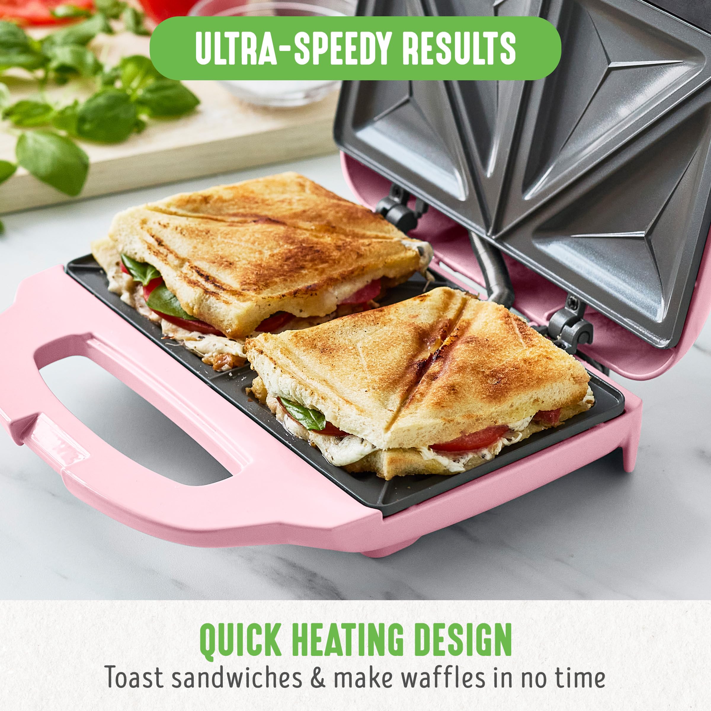 GreenChef Electric 3 in 1 Macchina per Panini, Waffle e Sandwich, Piastre in Ceramica Antiaderente Rimovibili, senza PFAS e BPA, Lavastoviglie, Multifunzione, Temperatura Controllata, Rosa