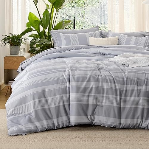 Bedsure Bedding Sets Queen, Grey Queen Comforter Sets with Neutral Rustic Style Stripes, Boho Bedroom Bed Sets, 7 Pieces with Comforter, Fitted Sheet, Flat Sheet, Pillowcase & Shams