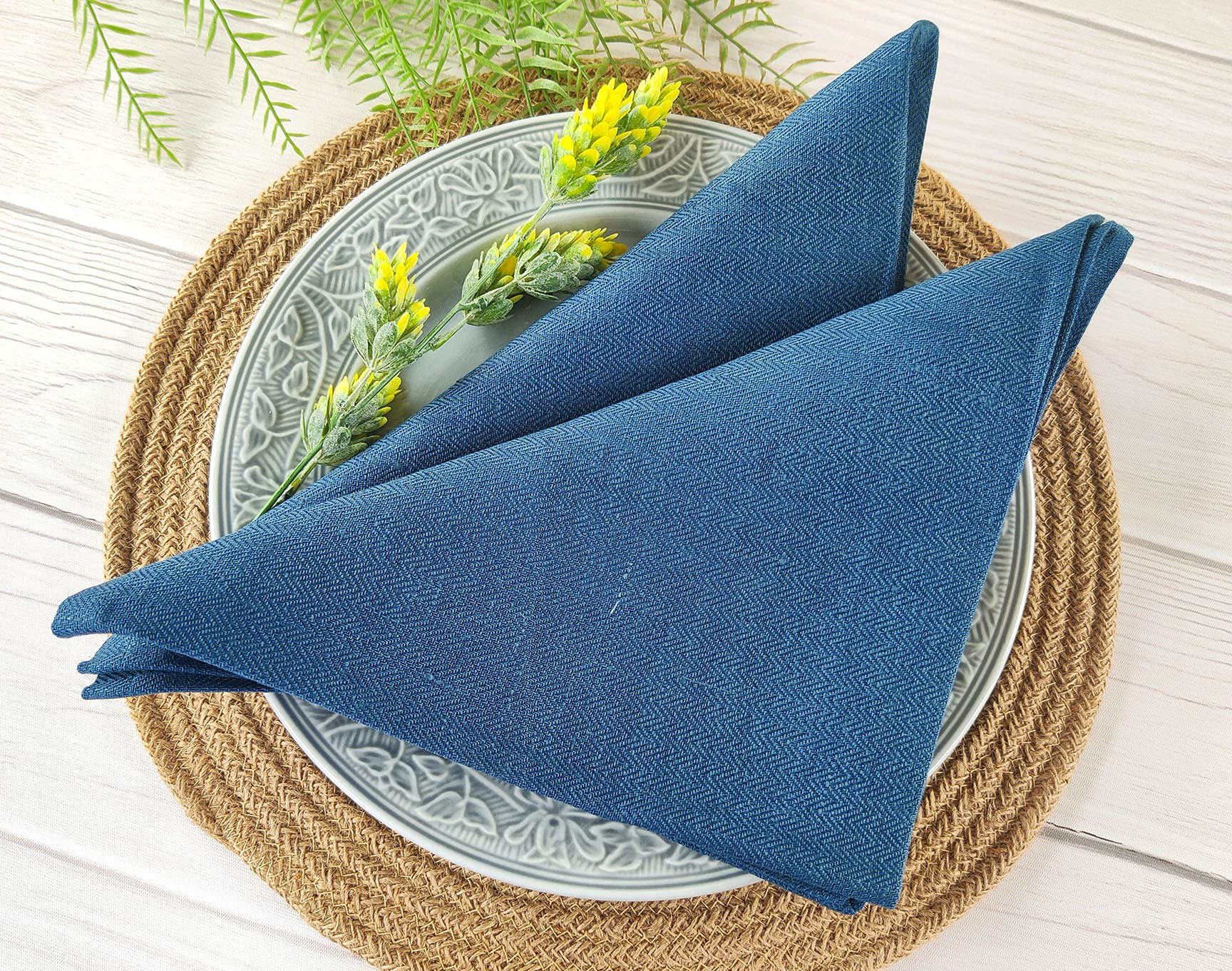 Craftbot 100% Pure Linen Napkins - Blue Cloth Napkins - Fabric Dinner Napkins with Herringbone Texture - Pack of 4 - Large 20 x 20 Inch - Washable and Reusable Napkin Set for Dining Table