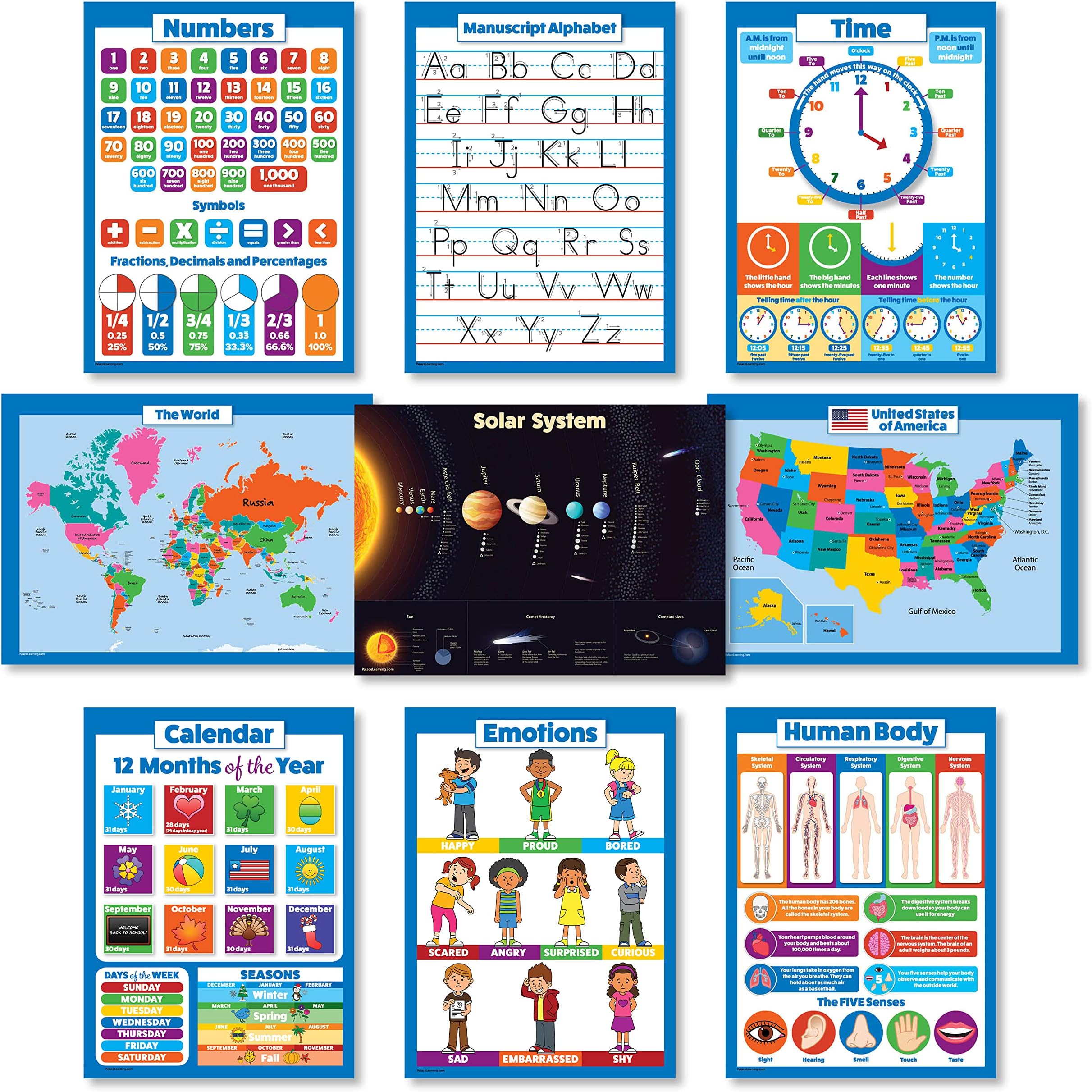 9 LAMINATED Educational Wall Posters For Kids - ABC - Alphabet, Solar System, USA Map, World Map, Numbers 1-100 +, Days of the Week, Months of the Year, Emotions, Time | Learning Charts