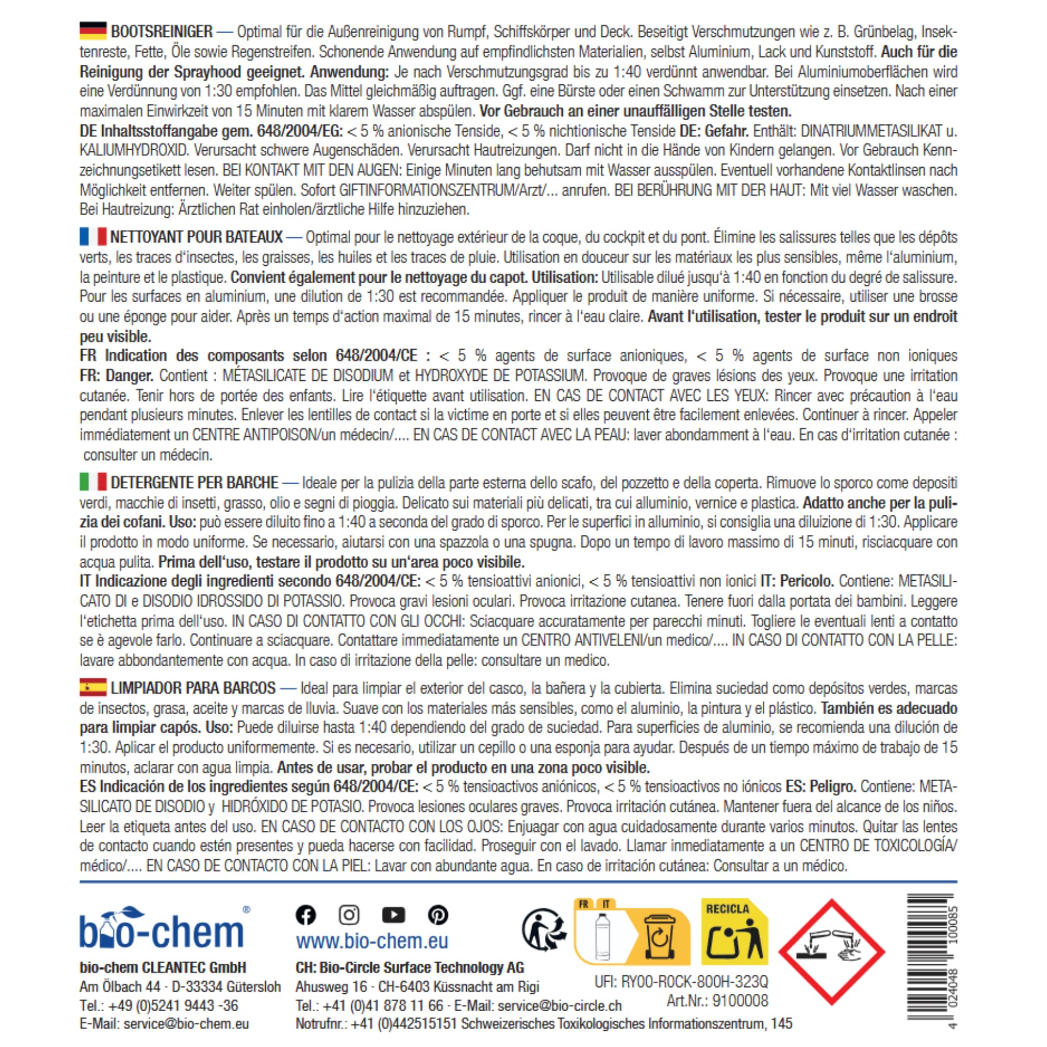 bio-chem - Detergente per imbarcazioni - Detergente per la Manutenzione dello Scafo di Barche, Yacht e Kayak - Soluzione per la Pulizia dei gommoni