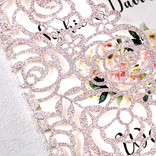 Miniatura 6 de DreamBuilt 4.7 x 7 pulgadas, 50 unidades de invitaciones de boda en blanco con purpurina de oro rosa con corte láser, bolsillo hueco de rosa,