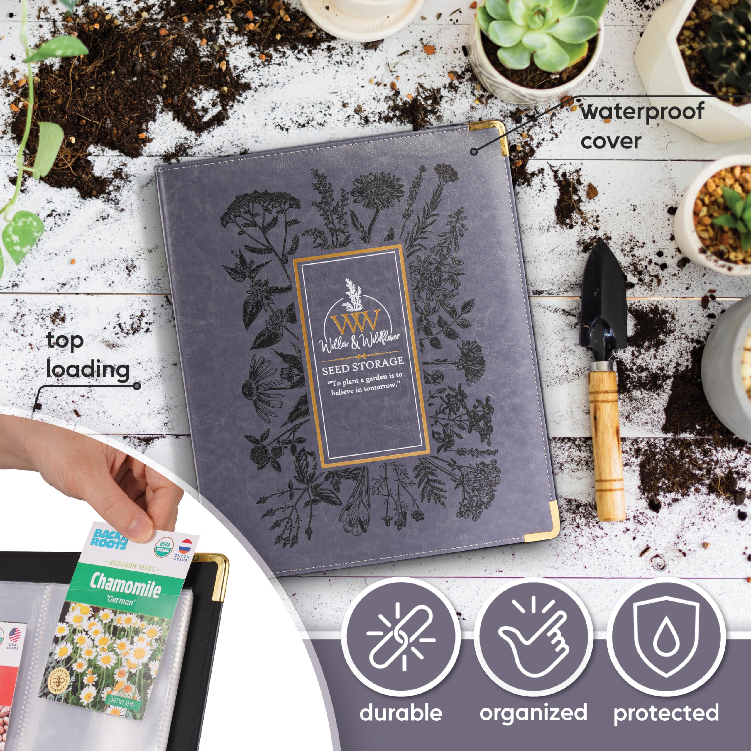 Create-ables Classeur de rangement de graines de jardin en saule et fleurs sauvages, organiseur de semences, classeur de jardin pour stockage de paquets, catalogue peut stocker 160 paquets avec