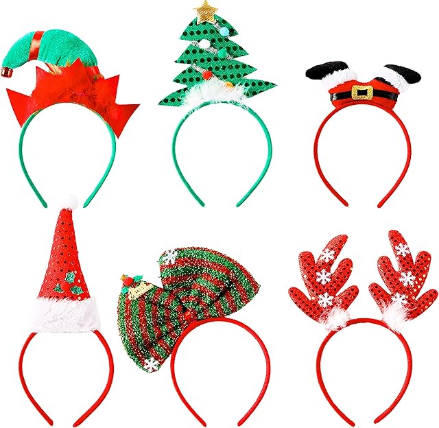 Christmas Assorted Headbands  Pack Includes 6 Festive Designs, Novelty Headwear, Xmas Headbands for Adults and Teens, Office or Work Parties, Photo Booth Prop, Fancy Dress Costume Accessories