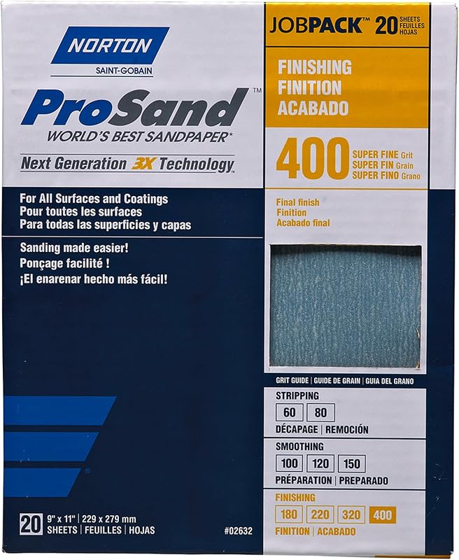 Norton Sandpaper, ProSand Premium 400 Grit Sandpaper, Fine Sandpaper for Metal and Wood, Finishing Sand Paper, pack of 20 Sanding Sheets