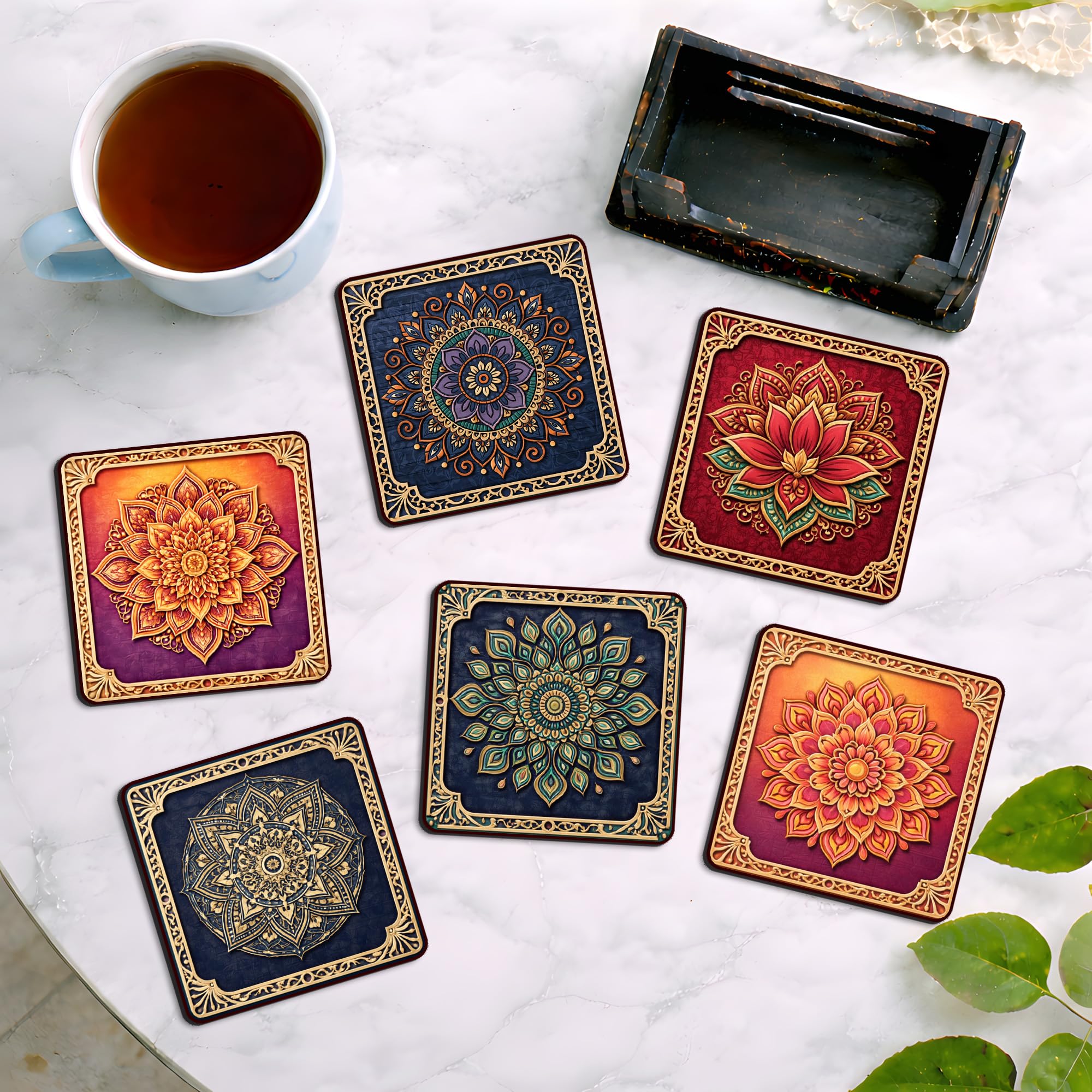regalo casila luxury mandala mdf coaster set of 6 pieces with stand anti slip base glossy pvc finish square tea coffee cup coasters for home dining table decor