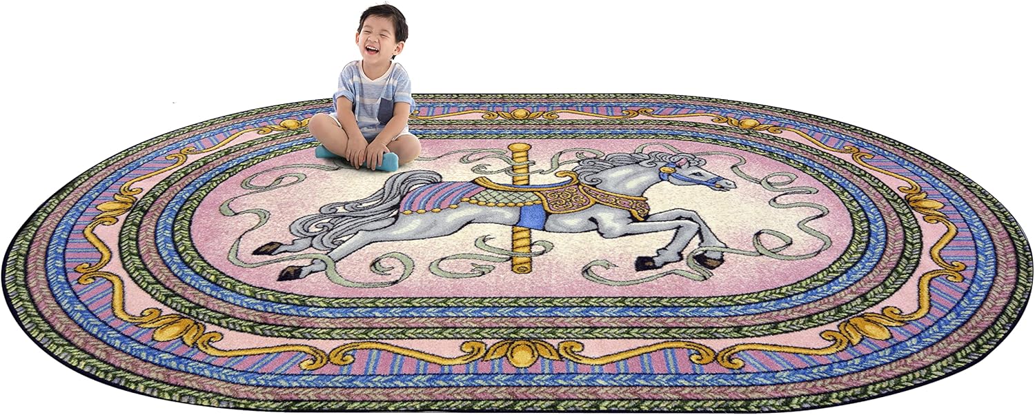 Joy Carpets Kid Essentials Infants & Toddlers Carousel Rug, Pink, 7'8" x 10'9" Oval