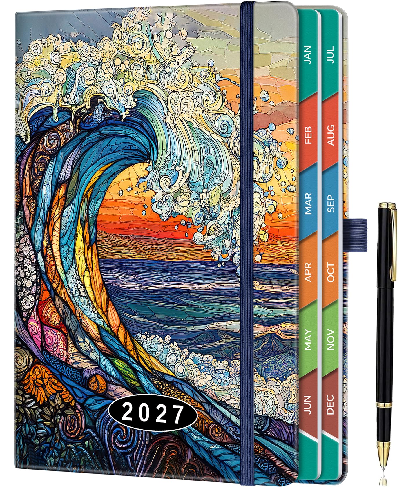ZXHQ 2027 Diary A5 Page a Day from Jan to Dec, Full Year Daily Planner, with Monthly Overviews, Colorful Tabs, UK Holiday, Pen Set and Fine Inner Pocket, 5.9" × 8.5"- Sunset Wave