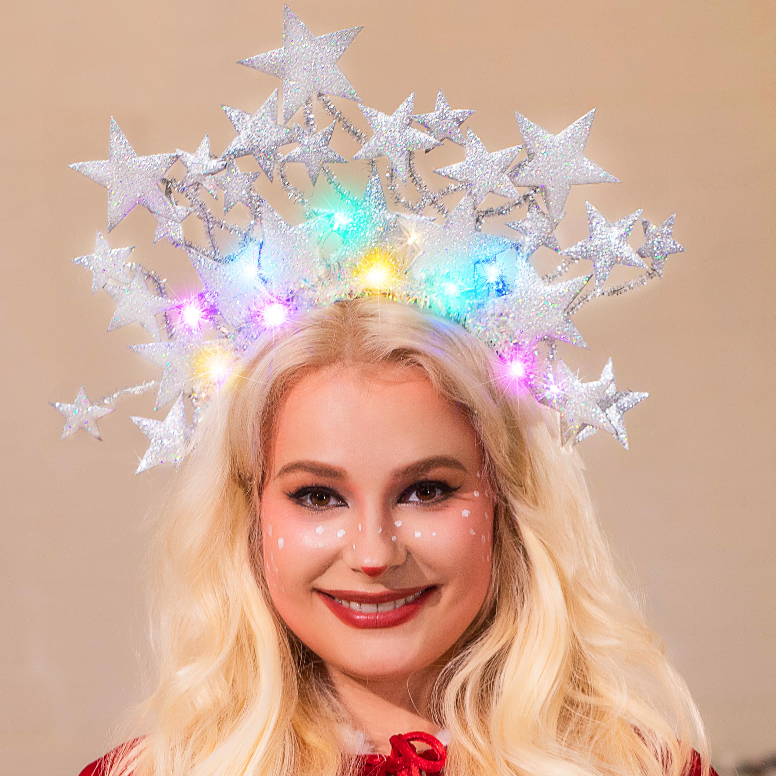 Fashband Light Up Star Headband Glitter Stars Tiara Halo Crown Headbands Led Goddess Costume Headpiece Christmas Carnival Party Hair Accessories for Women and Girls (Silver) - Image 2