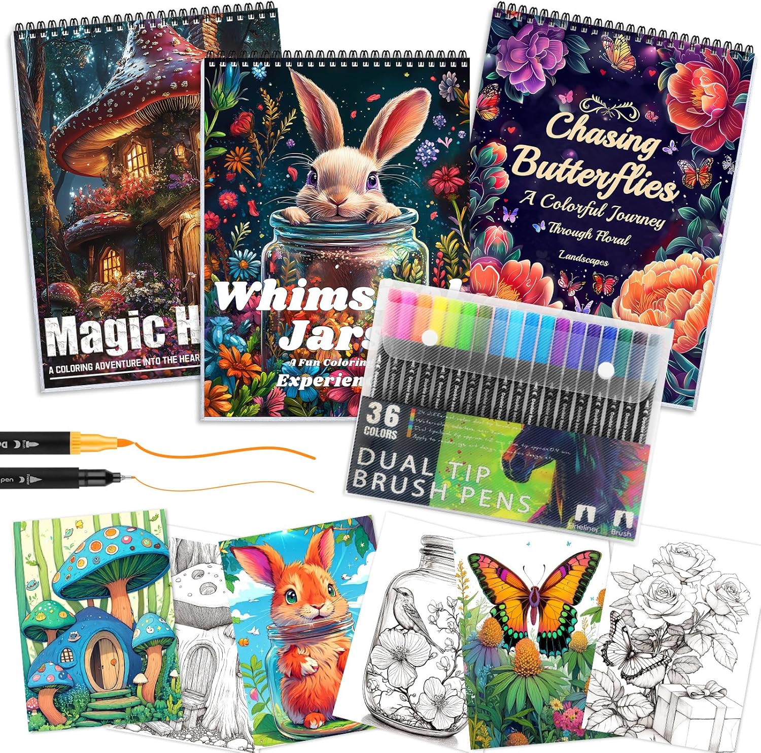 3Pcs Adult Coloring Book for Women Relaxation, Spiral Bound Adult Coloring Books for Women with 36 Markers, 36 Dual Tip Colors Markers, Mindfulness Gifts - 72 Patterns