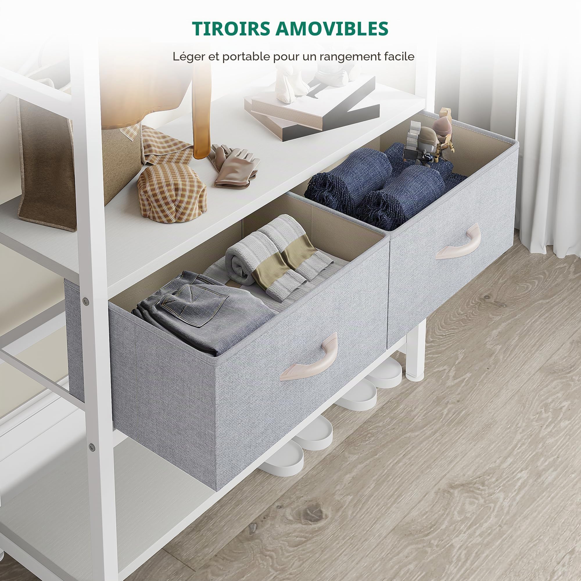 YITAHOME Porte-manteau avec rangement à chaussures, arbre d'entrée autonome avec banc et 2 tiroirs pliables, porte-manteaux industriel avec 8 crochets pour couloir, cadre en métal, Blanc