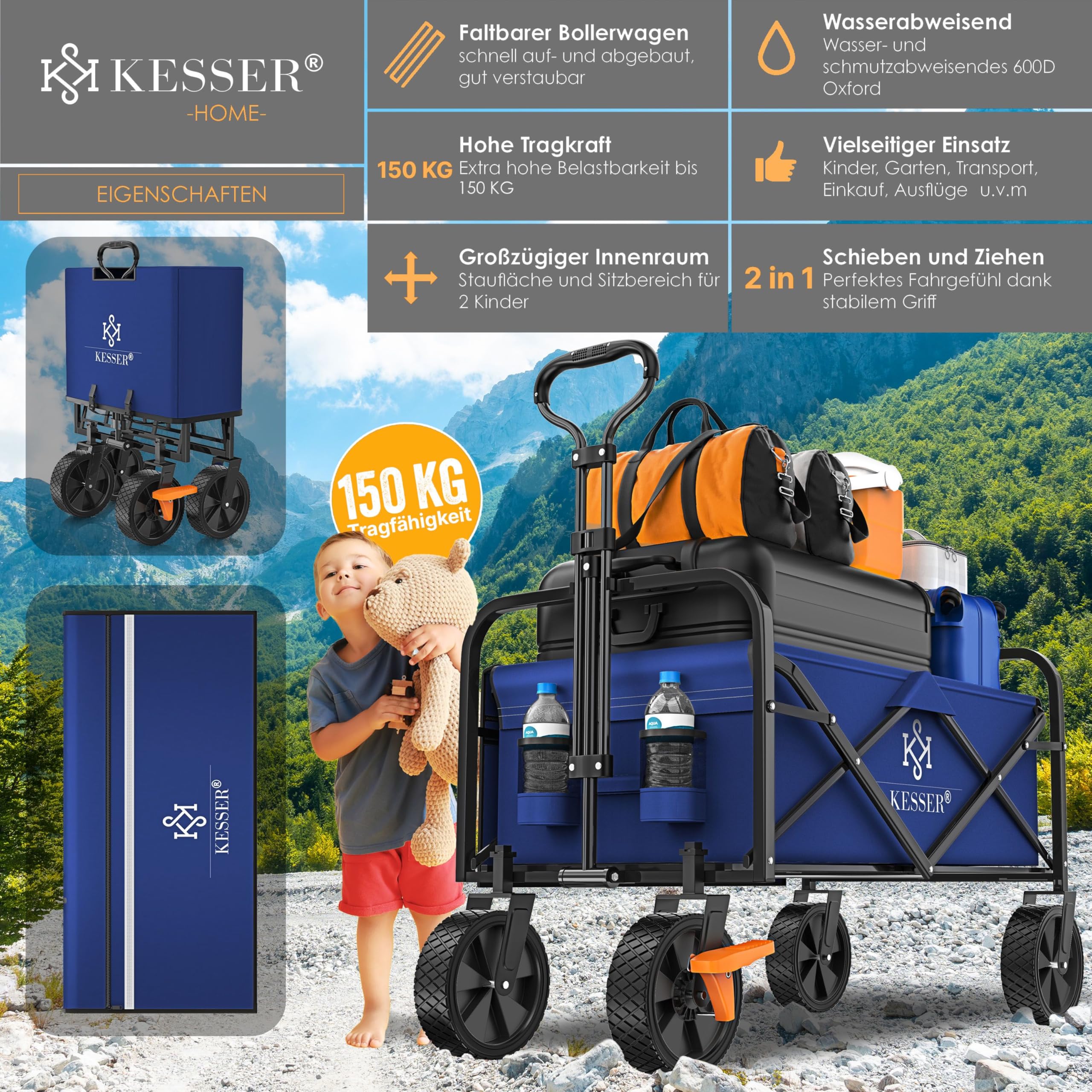 KESSER® Carrello Pieghevole Carrello a Mano Carretto da Trasporto | incl. 2 Tasche a Rete | Pieghevole | Ruote in PVC | capacità di carico Fino a 80 kg Carretto da Trasporto