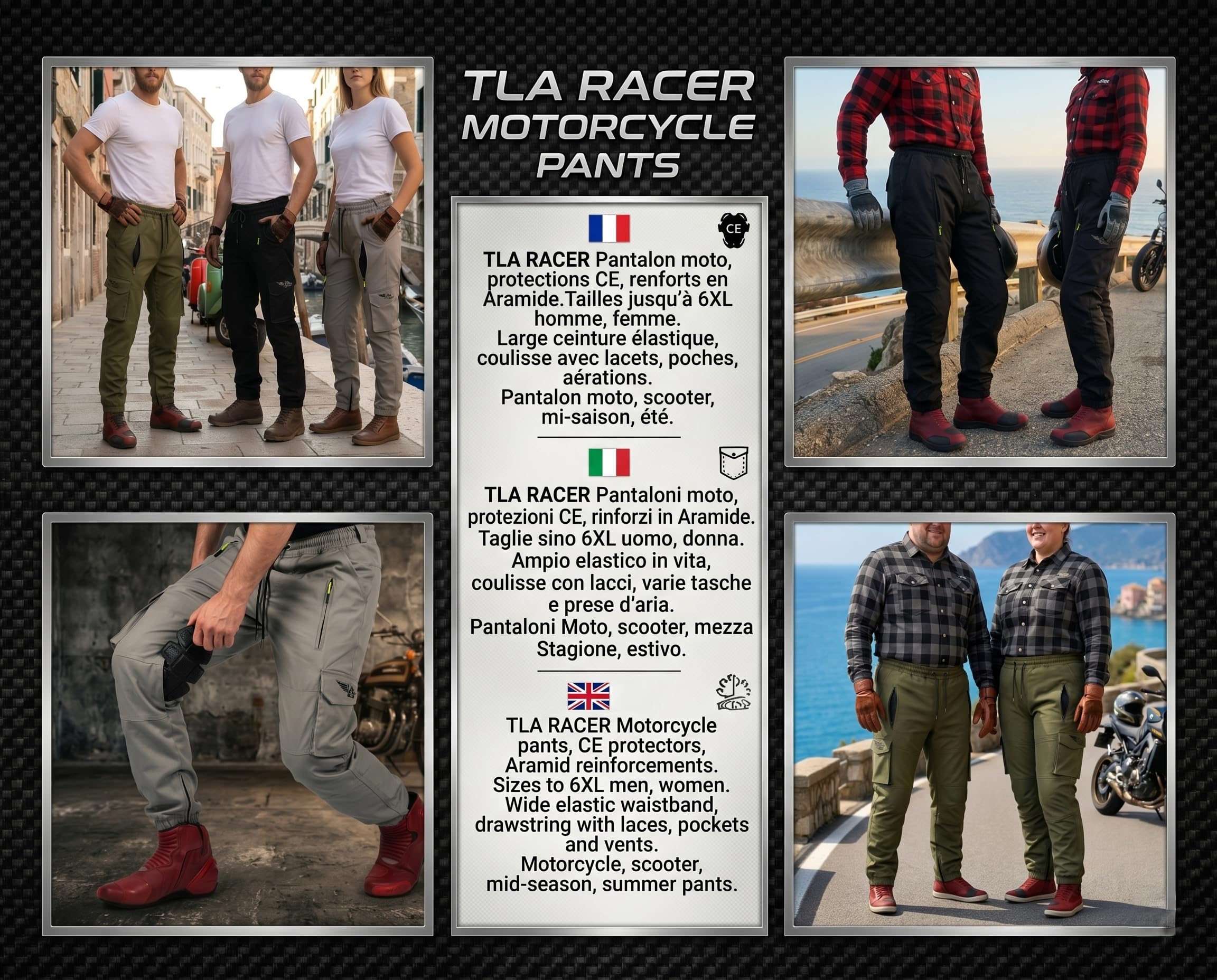 TLA Racer Pantaloni Moto, Protezioni CE, Rinforzi in Aramide. Taglie sino 6XL Uomo, Donna. Ampio Elastico in Vita, Coulisse con Lacci, Varie Tasche e Prese d’Aria. Pantaloni Moto, Scooter