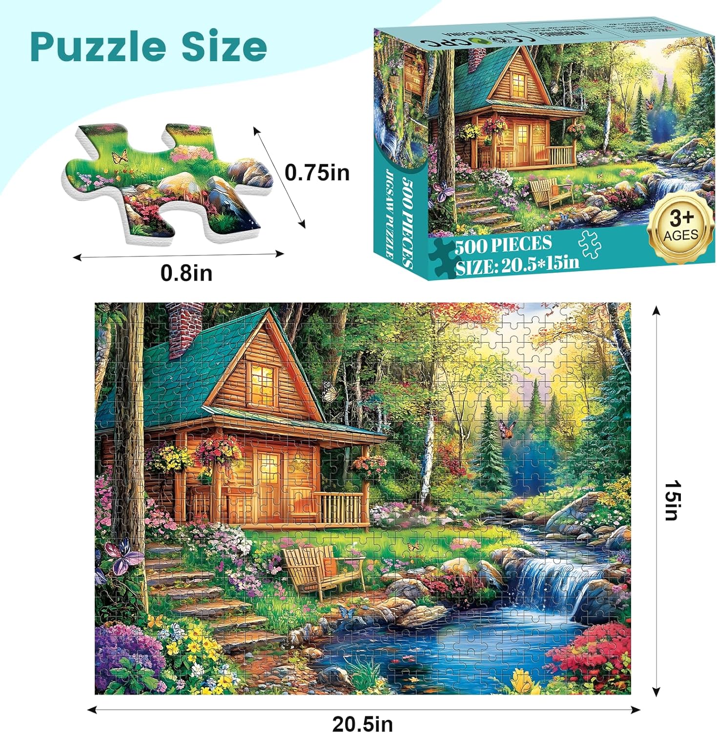 500 Pieces Jigsaw Puzzles for Adults, Forest Cabin Puzzle for Adults Seniors, River Flowers Puzzle 500 Pieces, Gift for Birthday, Home Decor, Fun for Family Entertainment(20.5 * 15 in)