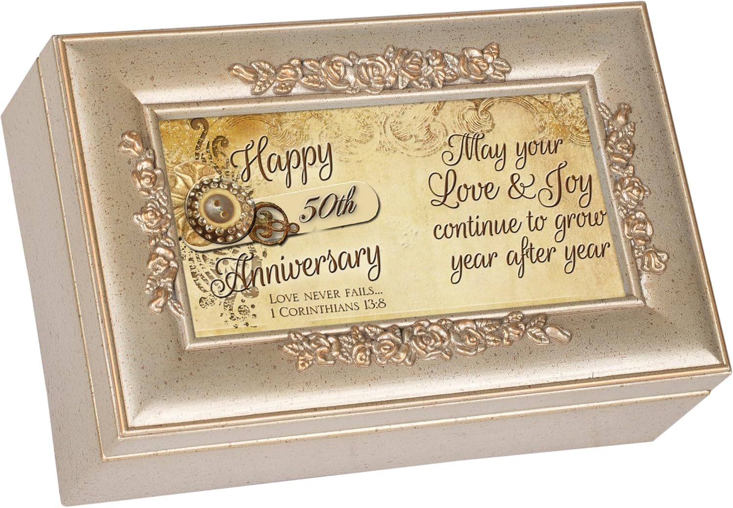 Cottage Garden Happy 50th Anniversary Champagne Silver Petite Rose Musical Jewelry Box Plays How Great Thou Art