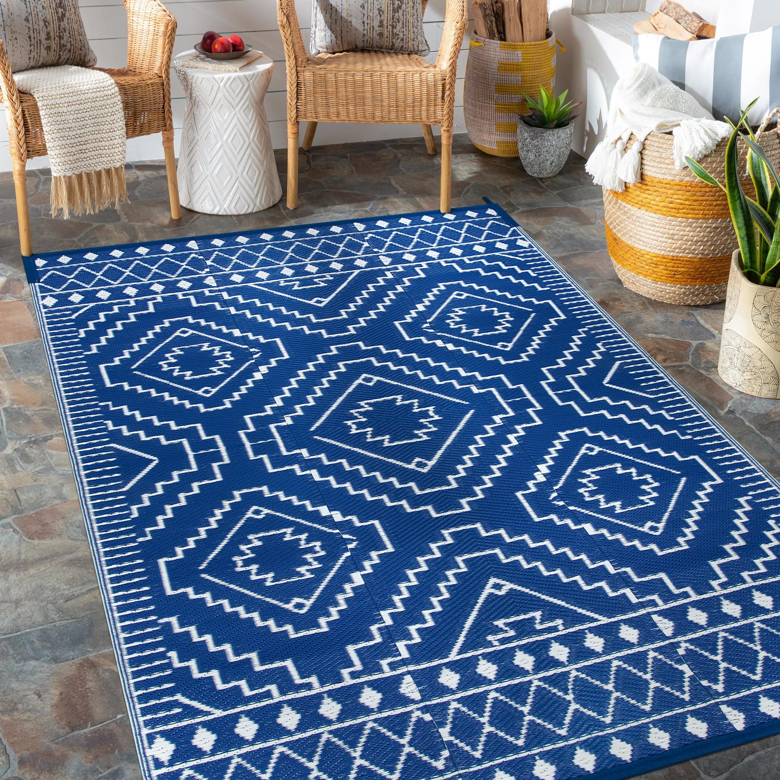 Wonnitar Waterproof Outdoor Rug 5x8, Reversible Plastic Straw RV Rug for Camping, Outside Patio Area Rug, Indoor Outdoor Portable Mat for Picnic Backyard Balcony Deck Decor, Blue