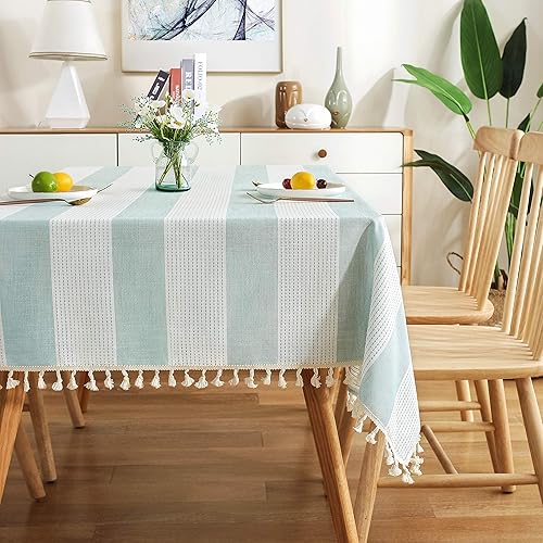 AmHoo Mantel rectangular con borlas y costuras a rayas, de algodón, lino, a prueba de polvo, para cocina, comedor, 54 x 86 pulgadas, color verde