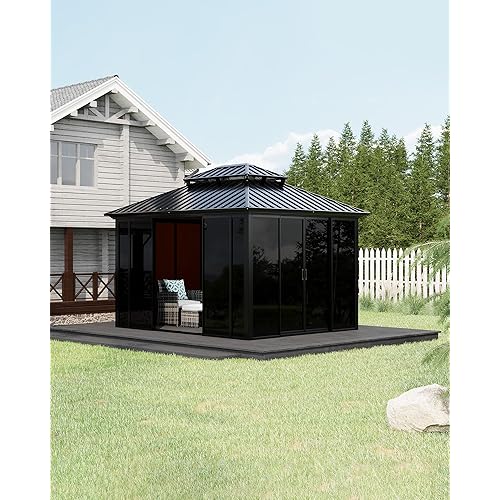 GarveeLife 10x12 ft Sunroom Hardtop Gazebo, Enclosed Gazebo with Floor-to-Ceiling Sliding Doors, All-Aluminum Alloy Frame, Screen Outdoor Room Solarium for Backyard, Patio, and Deck