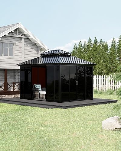GarveeLife 10x12 ft Sunroom Hardtop Gazebo, Enclosed Gazebo with Floor-to-Ceiling