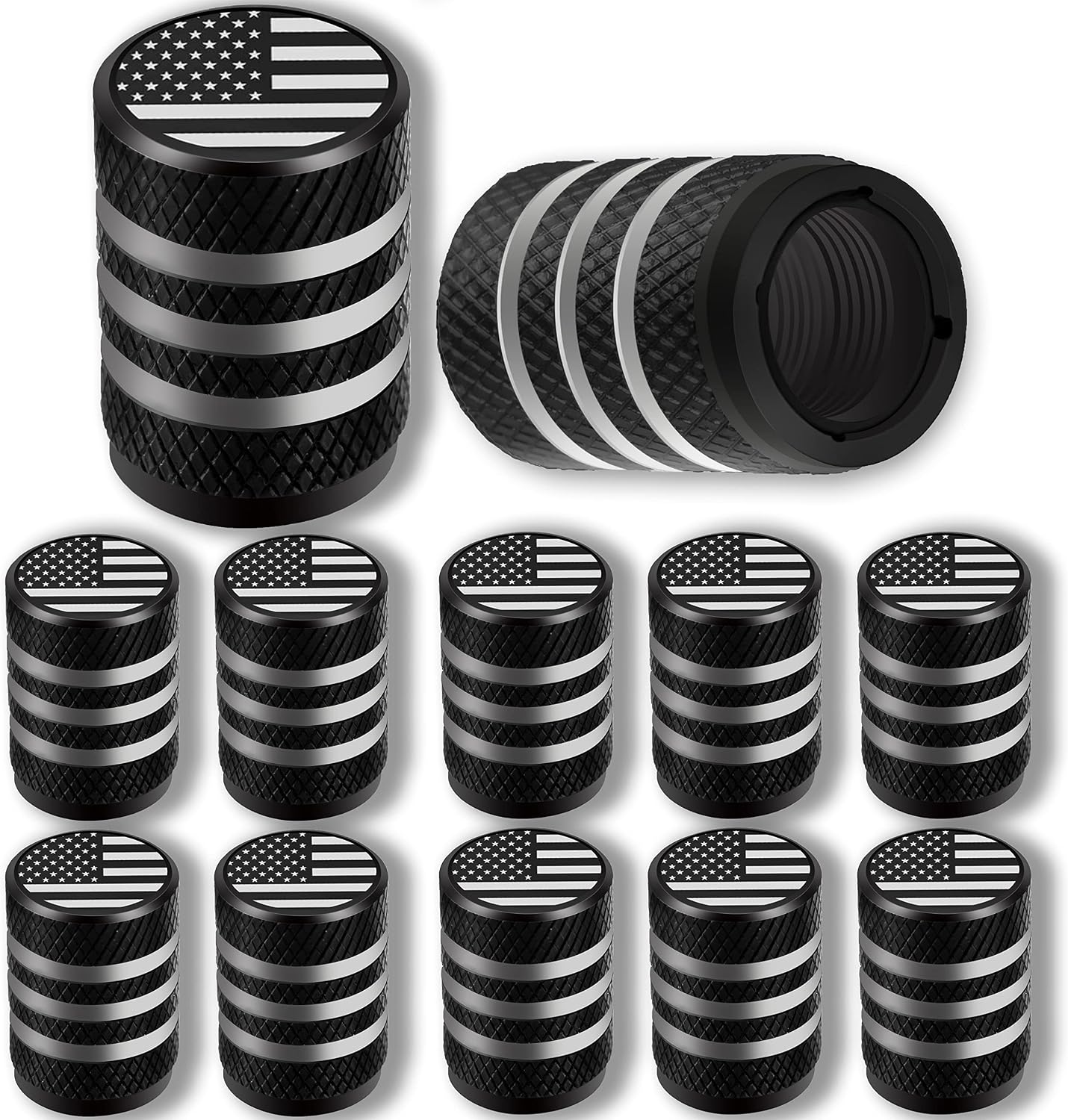 12 PCS Tire Valve Stem Caps, American Flag Tire Valve Caps with Anodized Aluminum and Plastic Liner, Corrosion Resistant and Leak-Proof, Universal Stem Covers for Car/SUV/Bike/Motorcycle/Truck - Black