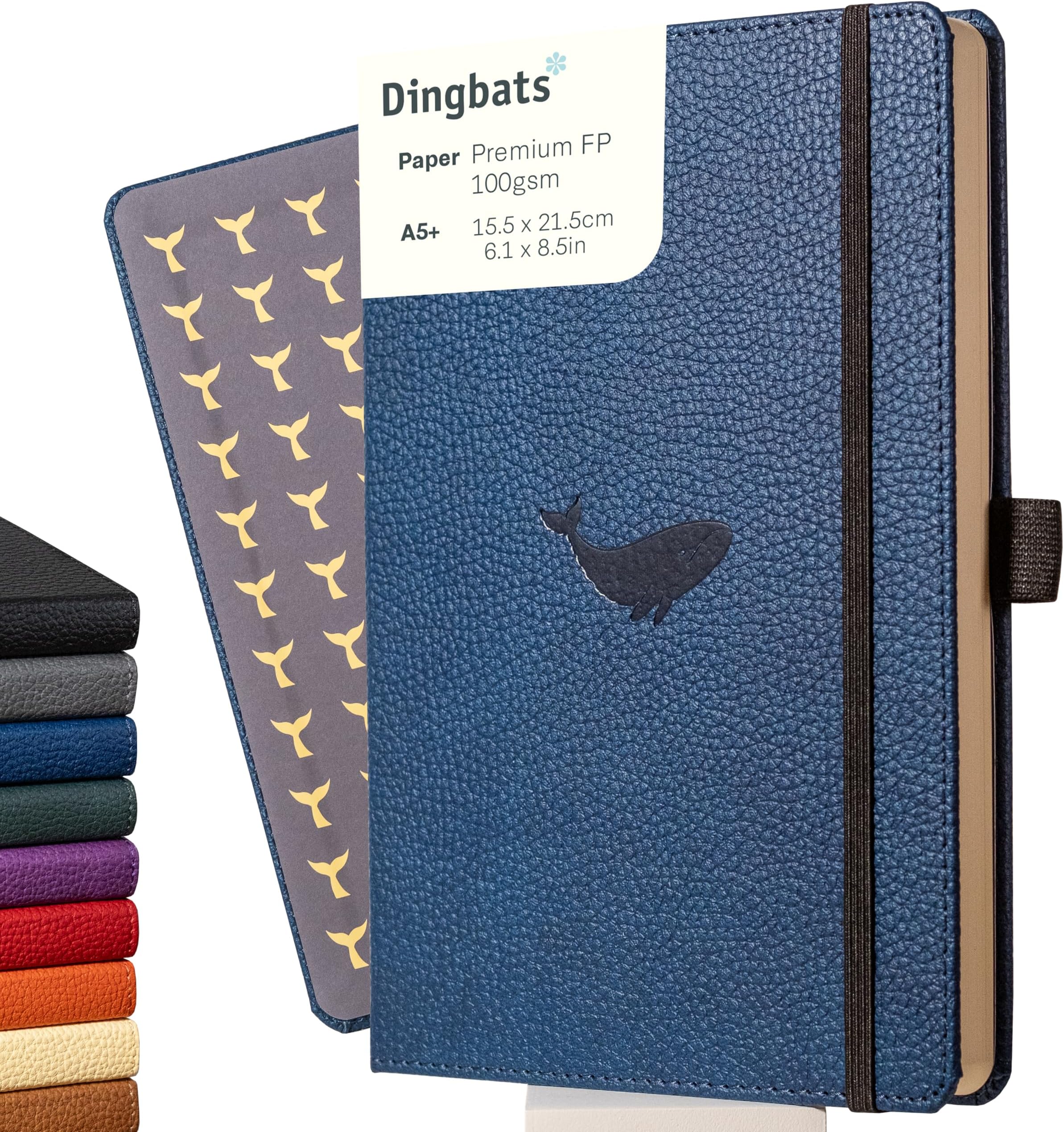 Dingbats* wildlife medium a5+ hardcover notebook - pu leather, micro-perforated 100gsm cream pages, inner pocket, elastic closure, pen holder, bookmark (dotted, blue whale)