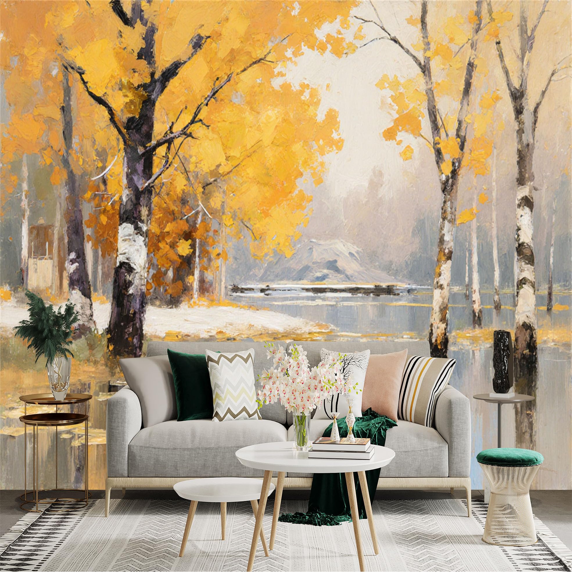 Custom Size Wall Sticker Mural， Autumn Forest with Yellow Trees and Lake Reflection， for wall Decoration， peelandstick wall Decals.