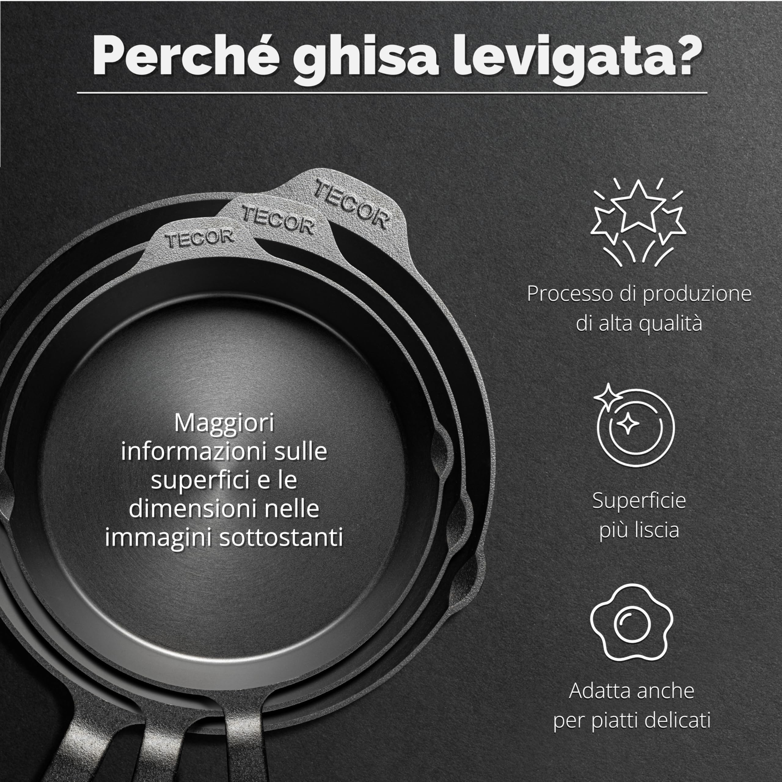 TECOR padella ghisa induzione 28 cm levigata - Naturalmente antiaderente e universale per tutte le fonti di calore - Resistente e versatile per cuochi amatoriali e professionisti - Cast Iron Skillet