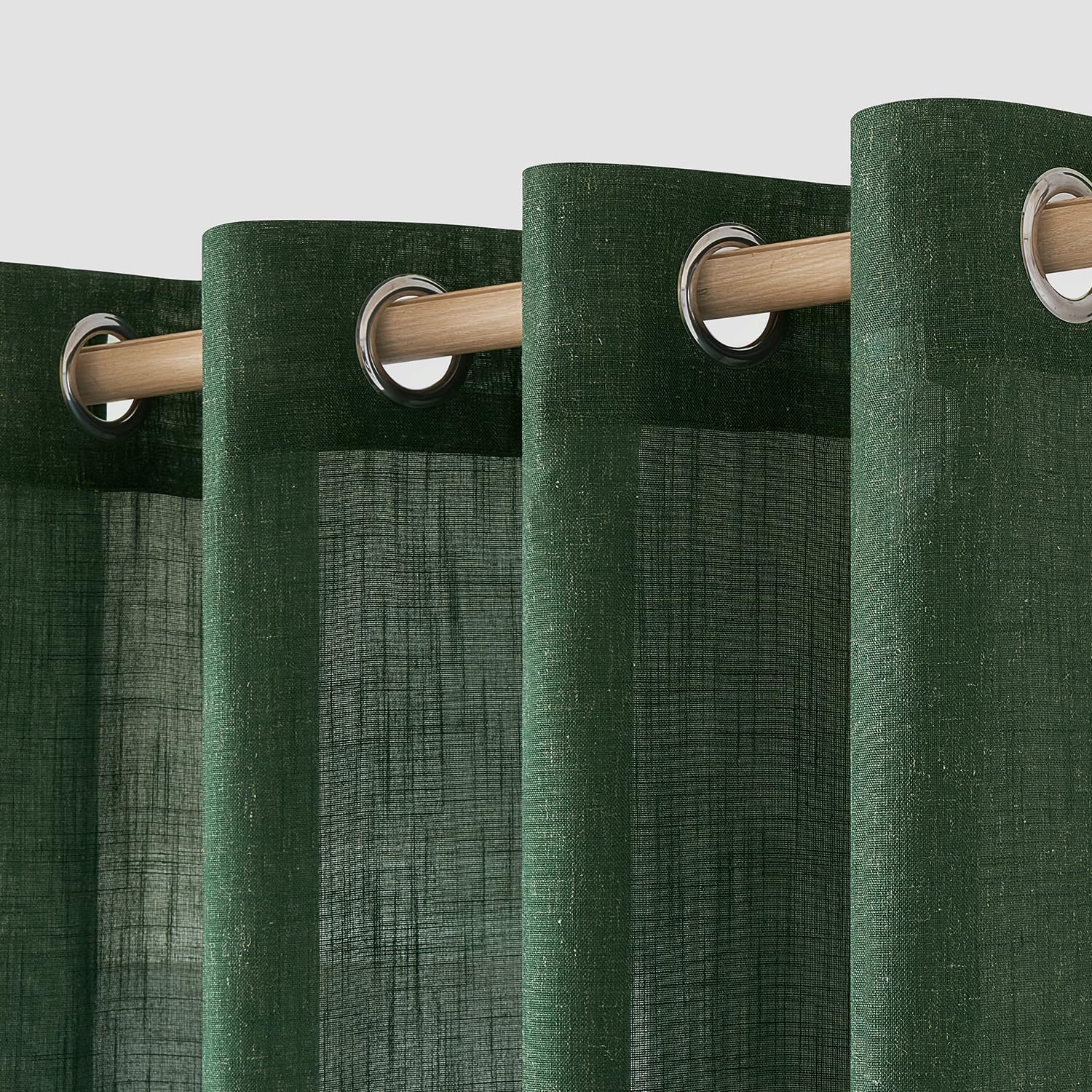 MIULEE Tende lino traslucido passanti 2pz L140xA225 Verde scuro | Tende traslucide effetto lino con passanti metallici, leggere e moderne, adatte per soggiorno, camera e cucina