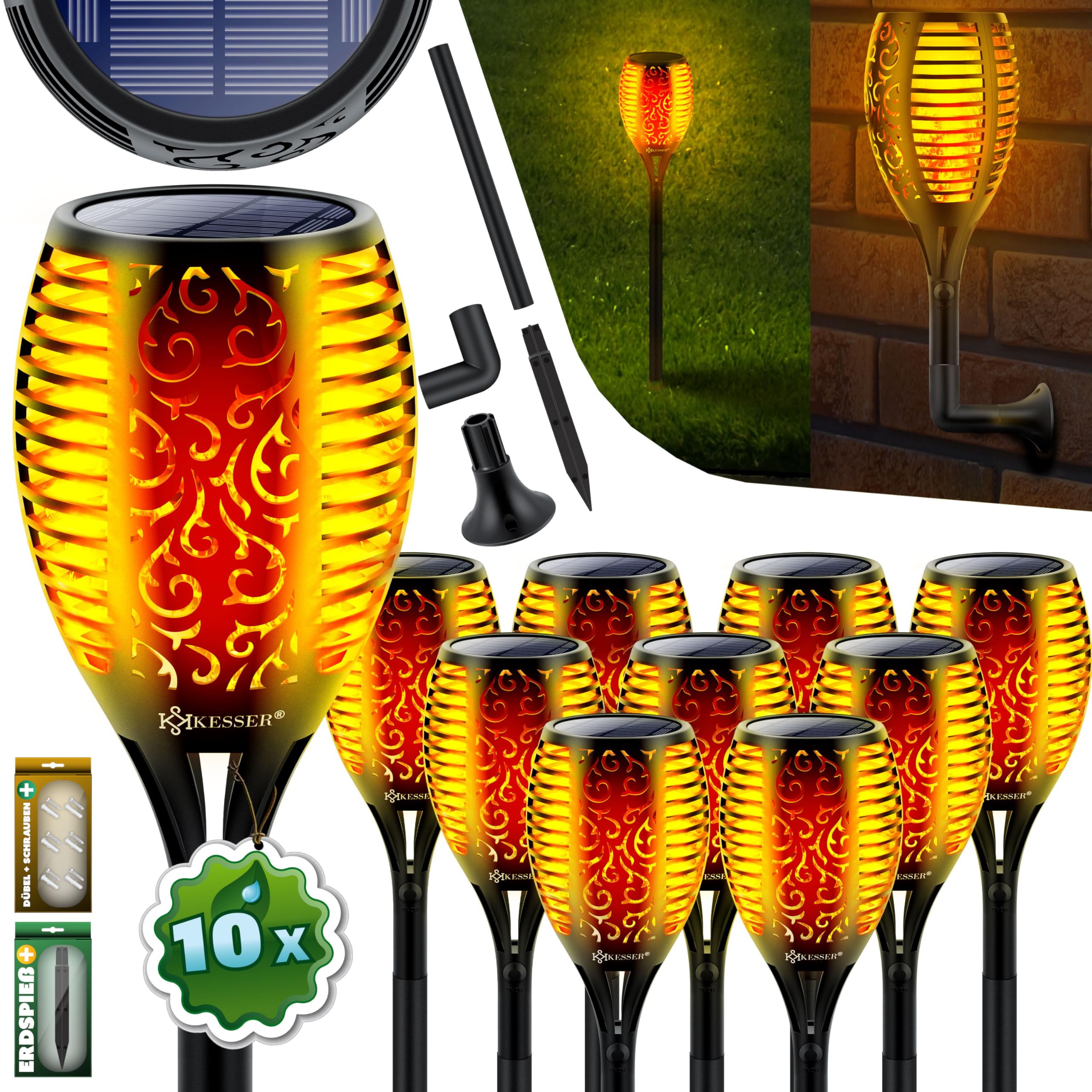 KESSER® Gartenfackel Solar 10er Set Solarleuchten 96 LEDs Flamme mit Wandhalterung + Erdspieß Licht-Sensor Wetterfest Garten Solarleuchte Fackel Lichter LED Gartenlampe Solarlampe Flammenlicht