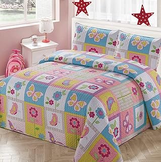 Kids Zone Home Linen Bedspread Coverlet Quilt Set for Girls Patchwork Butterfly Flowers White Purple Blue Green Pink (Full/Queen)