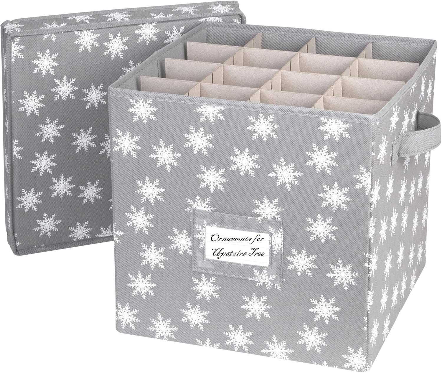 HOLDN’ STORAGE Christmas Ornament Storage Box with Lid - Christmas Decor Storage Containers that Store up to 64 Holiday Ornaments - Grey/White Snowflakes